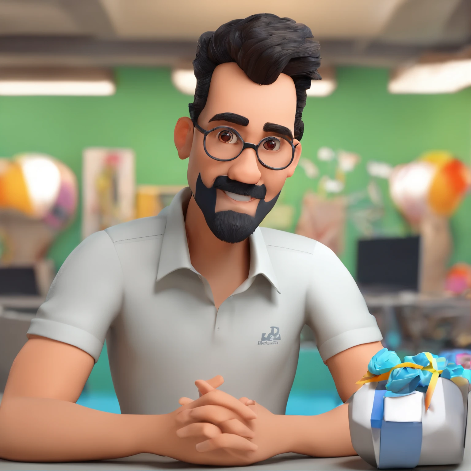 Criar um personagem no estilo Pixar. Trata-se de um homem de 30 anos, com barba, Branco, com cabelos castanhos curtos e um quiff, e olhos castanhos. Ele deve estar na frente de um computador, Trabalhar como designer