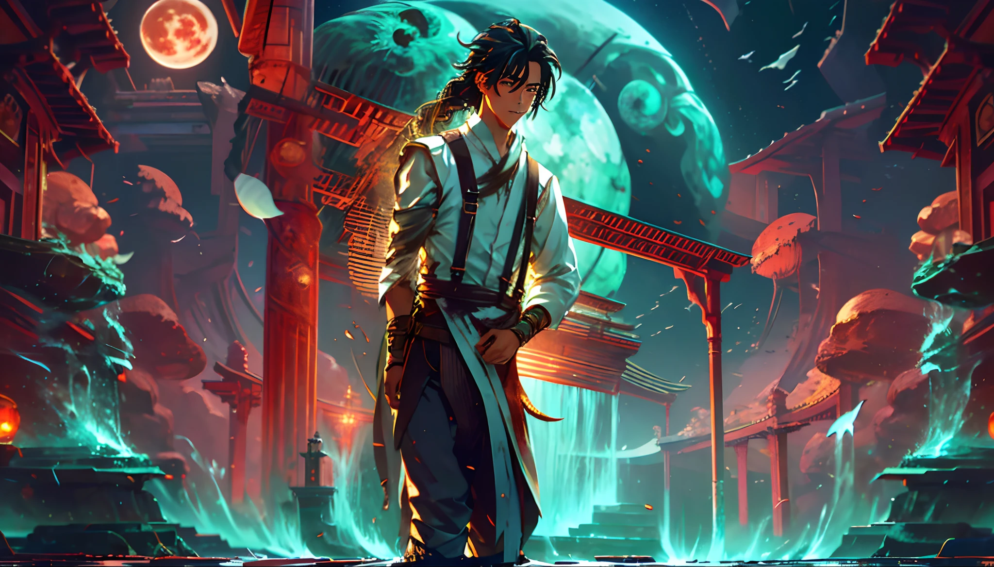 Baleen whales leap out of the water，the sea，starrysky，Blood Moon，meteors，Green Northern Lights，middle parted hairstyle，Suspenders，Boy student