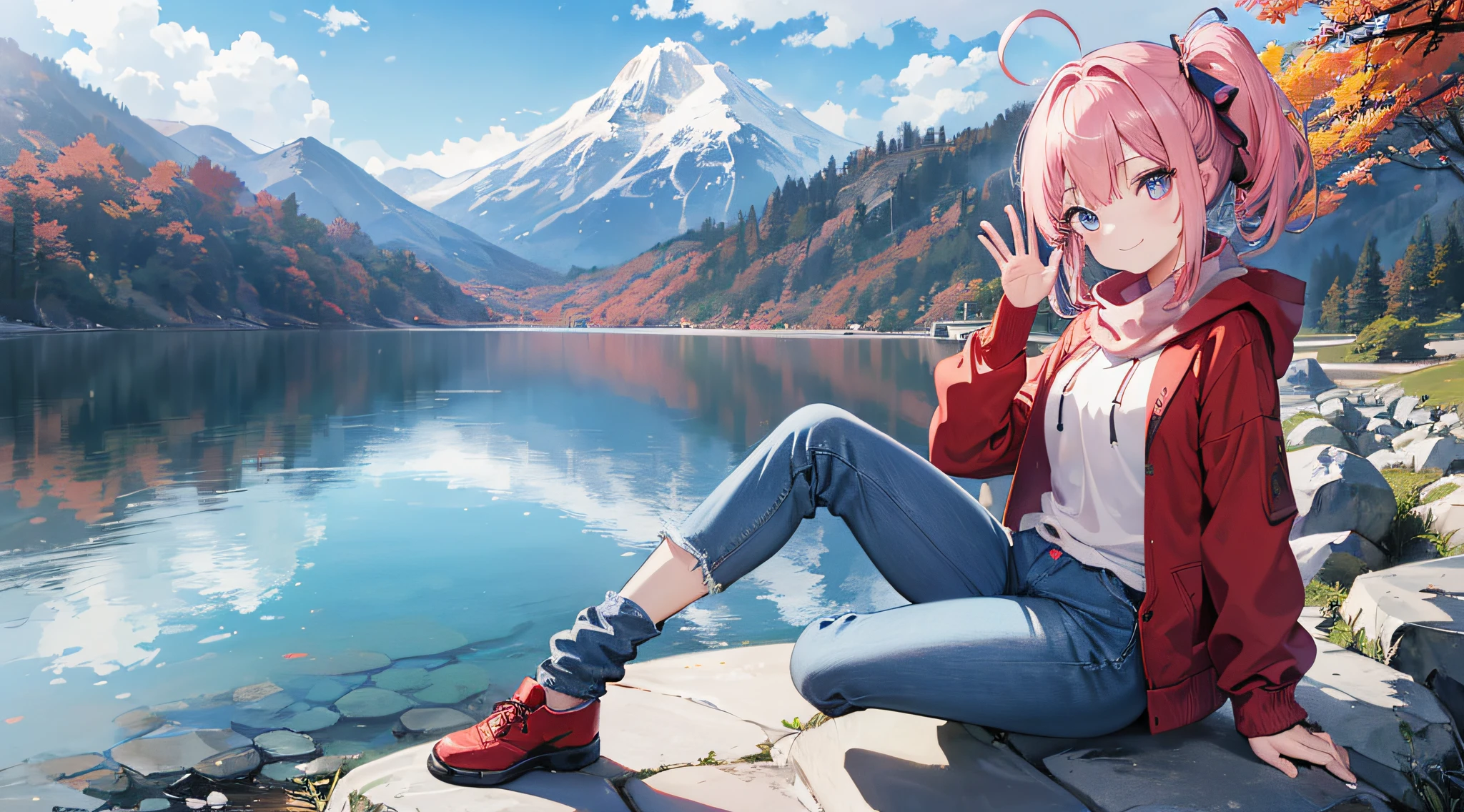 ((top-quality)),(An unparalleled masterpiece),(Super exciting),(Unified 8K),(extremely clear),(Extremely refined),(Anime-like),(Photographic 2D)、portrait of a full body、1 Japan Girl、a 、Pink shorthair、Pink short ponytail、Hair Ribbon、Ahoge、drooing eyes、blue eyes、long eyelashes、tthin eyebrows、Beautiful breasts、during daytime、Autumn foliage and mountain background、closes mouth、Smiling smile、Cheeks flush、Waving hands、Red hoodie、Denim jeans、Trekking Shoes、scarf、white sock、up chest、Sitting on a stone、Focus on facial expressions、