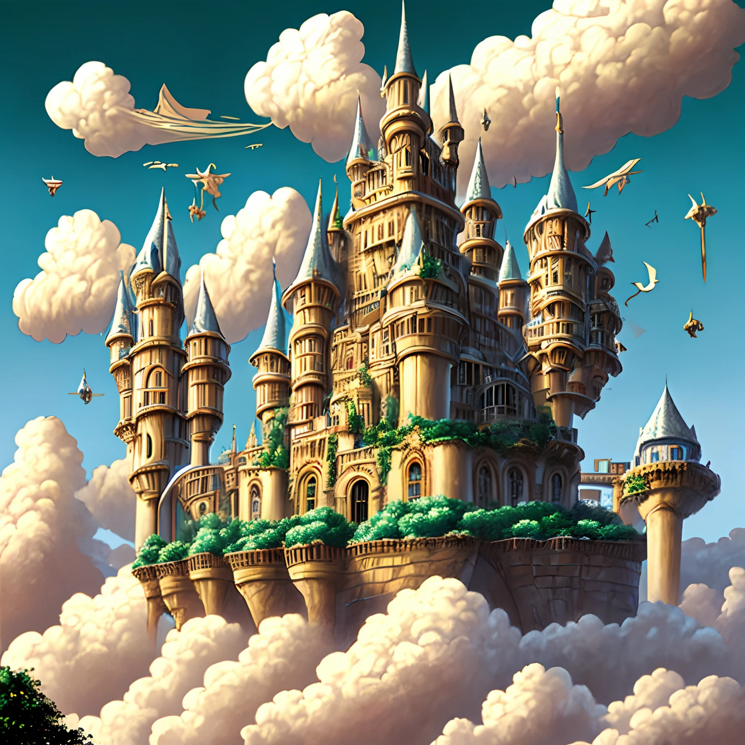 masterpiece、hightquality、life-like、A detailed、Like the photo、Deities々Castle in the Sky、Castle in the Sky、Flying Castle、Castle in the Sky、Castle of Glory、Castle above the clouds、The tree々A lush castle surrounded by
