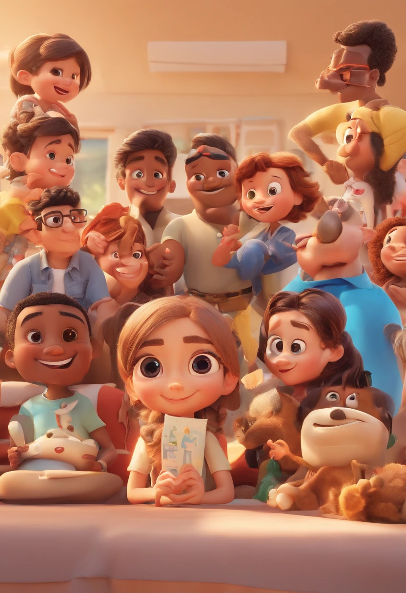 Cartoon of friends having fun on vacation together,  3D Animation Movie Poster, Poster de filme animado, pixar 3 d animation style, pixar renderman rendering, maia 8 mil, animated film, Disney Pixar Estilo 3D, amigos felizes saem juntos, all wearing light blue shirts and cream brown long pants, camisa azul clara, cream brown pants, ao ar livre, vacation, Disney Pixar Animation Poster
