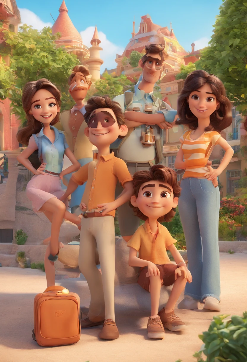 Cartoon of friends having fun on vacation together, 3D Animation Movie Poster, Poster de filme animado, pixar 3 d animation style, pixar renderman rendering, maia 8 mil, animated film, Disney Pixar Estilo 3D, amigos felizes saem juntos, all wearing light blue shirts and cream brown long pants, camisa azul clara, cream brown pants, ao ar livre, vacation, Disney Pixar Animation Poster