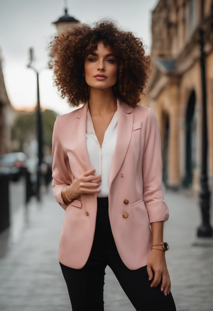 Photographer with brown and curly hair, camiseta preta e blazer rosa, Black pants and accessory for your camera