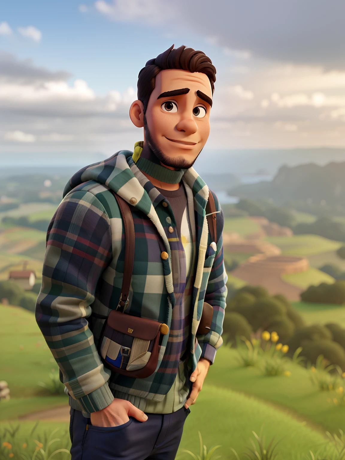 Homem jovem parado, ao fundo paisagem