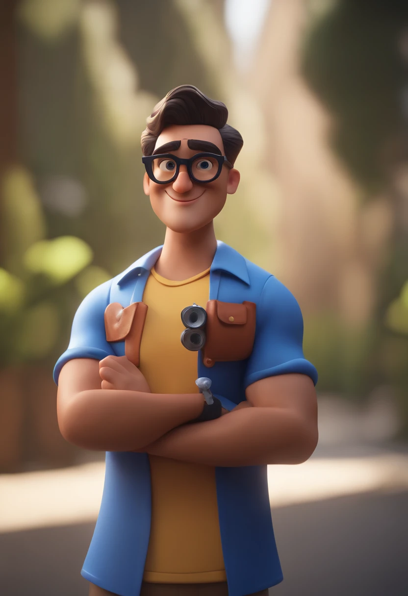 Cartoon character of a man wearing black glasses and a blue shirt, um personagem animado, Caractere estilizado, animation style rendering, 3D estilizado, Arnold Maya render, 3 d render stylized, toon render keyshot, Personagem 3D, Personagem 3D, 3d rendering stylized, 3 d character render, personagem de desenho animado, Personagem de close up, Pose de personagem, (Estilo Pixar) (master part:1.2) (Bokeh) (best quality) (pele detalhada) (textura detalhada) (8k) (argila) (Cinematic lighting) (foco nítido,Senta e vaza a parte superior do corpo