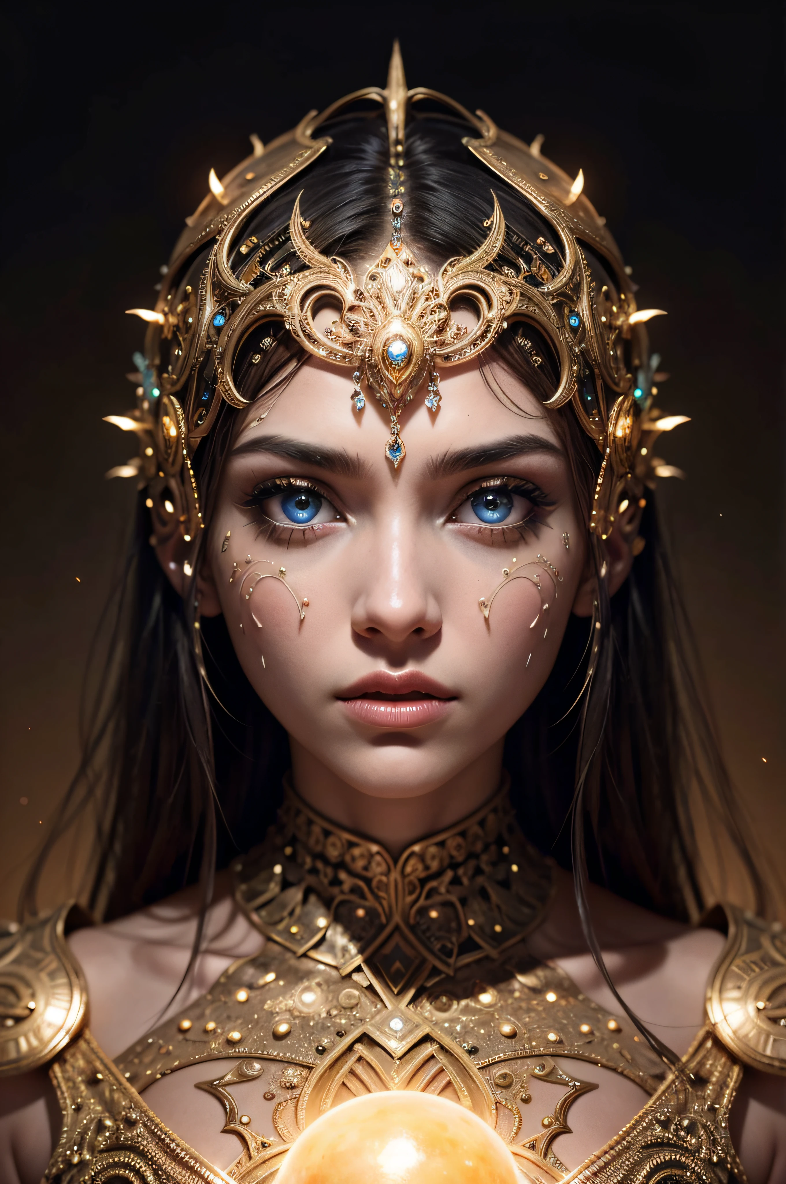 Abstract style hyper-realistic portrait of an otherworldly being with metallic skin, glowing orbs for eyes, and intricate fractal patterns emanating from their face . Non-representational, colors and shapes, expression of feelings, imaginative, highly detailed