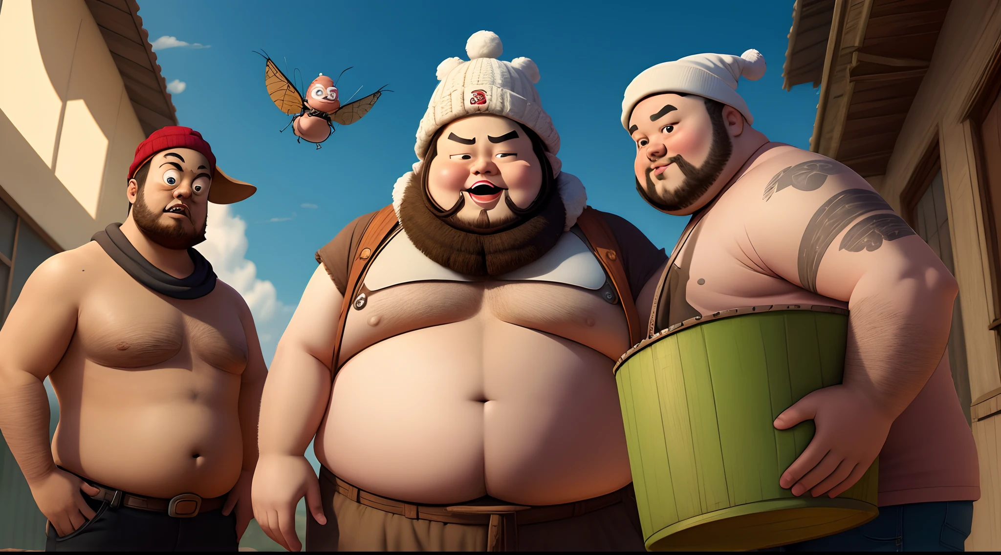 Create a Pixar movie cover style image of a half-mosquito man in Luffy's outfit and behind him is a fat man with a bucket on his head and another little man with a beanie and the title of the cover is "Tropa do Enzo"