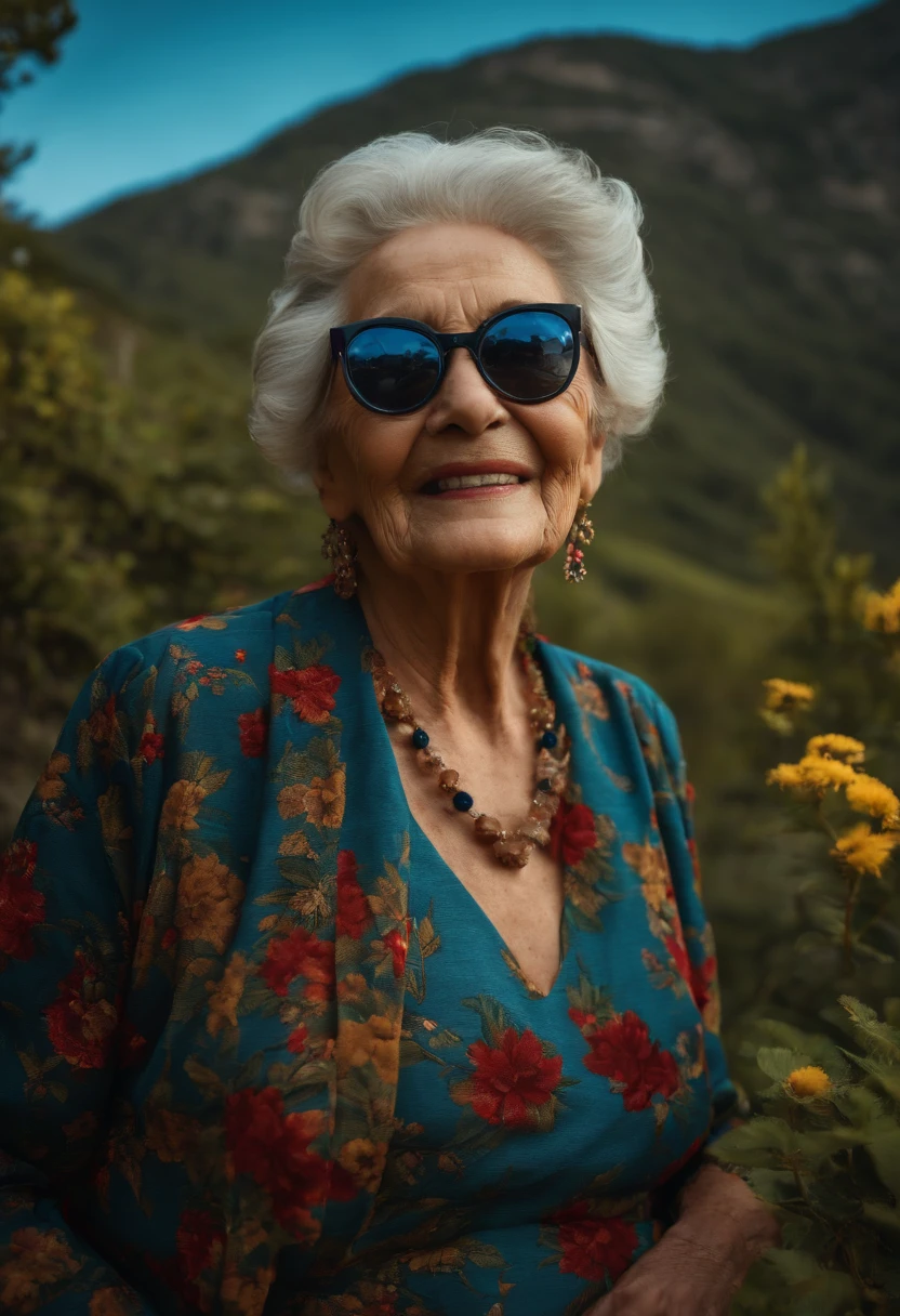 Um mulher baixinha, com cabelos branco e enrolado quase careca, verugas, One tooth, um nariz bem pontudo, Wears a bottle bottom glasses, She's old and she's ugly