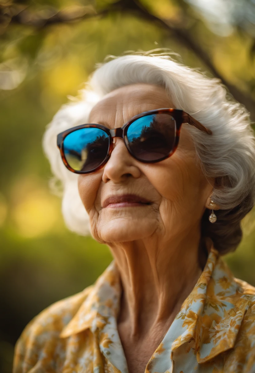 Woman Old lady enjoying life with mountain landscape and trees. She's got wrinkles and she's wearing sunglasses. She's older, she's more enjoying a drink. Ela tem 70 anos e cabelos castanhoa.