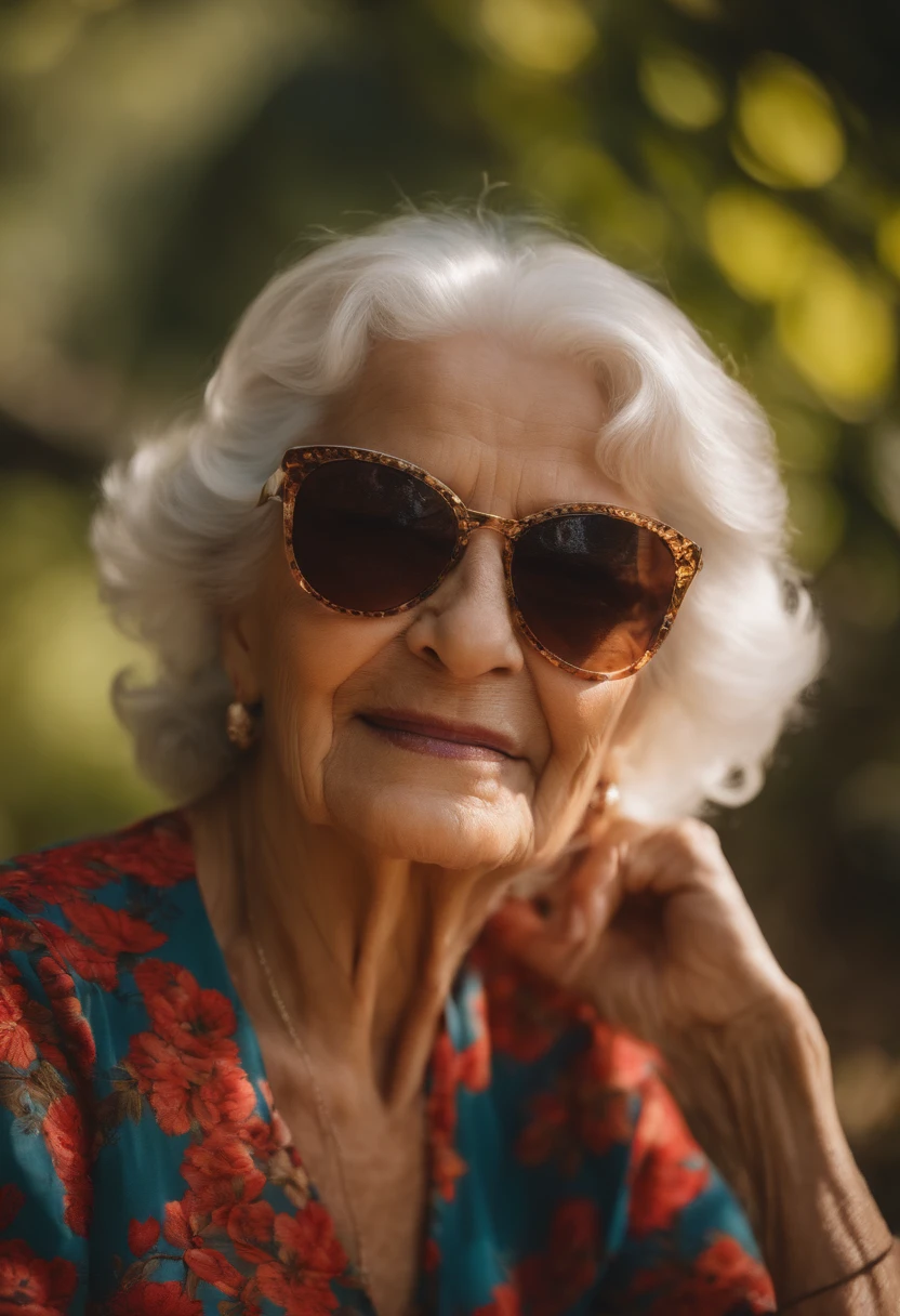 Woman Old lady enjoying life with mountain landscape and trees. She's got wrinkles and she's wearing sunglasses. She's older, she's more enjoying a drink. Ela tem 70 anos e cabelos castanhoa.