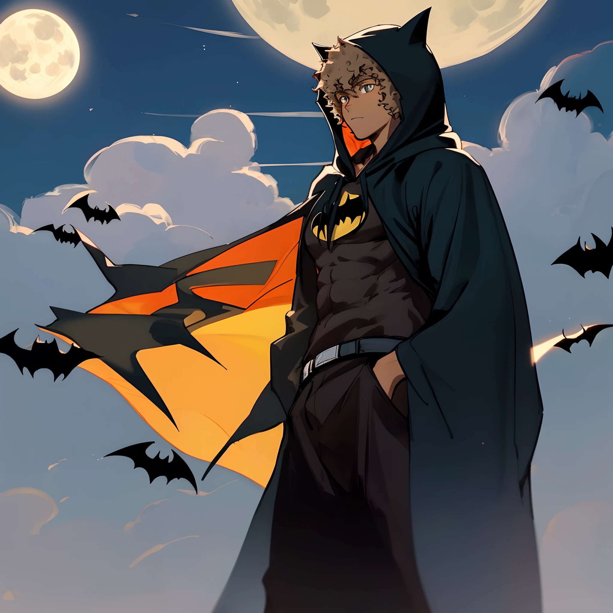 Afro-german 6'1 with hazel eyes wearing a black Batman hoodie under a blue full moon while standing next to a werewolf