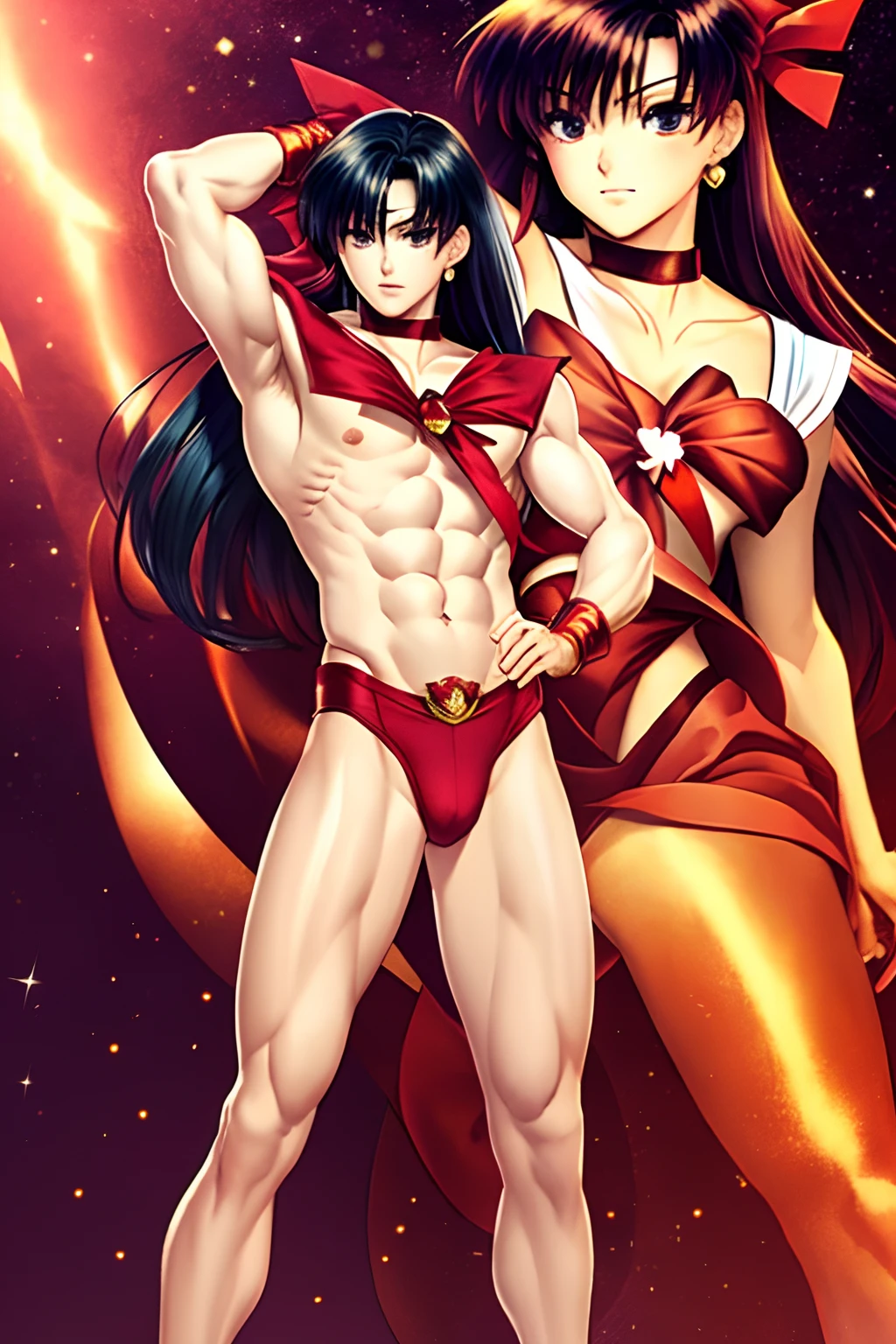 Sailor Mars, defined man dressed in Sailor Mars clothing, beautiful man, thin but defined, full body.