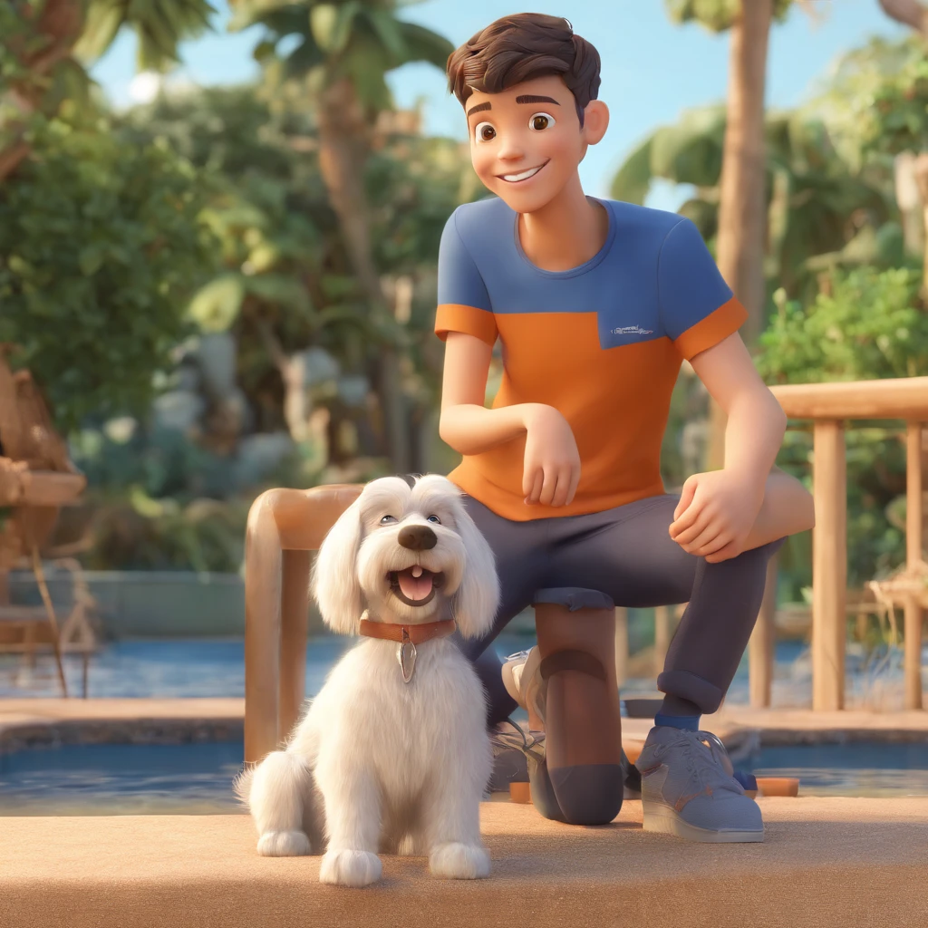 Lucas is a smiling -yeld hu boy, com seu fiel amigo, Bolt, o cachorro schnauzer, deitados no jardim