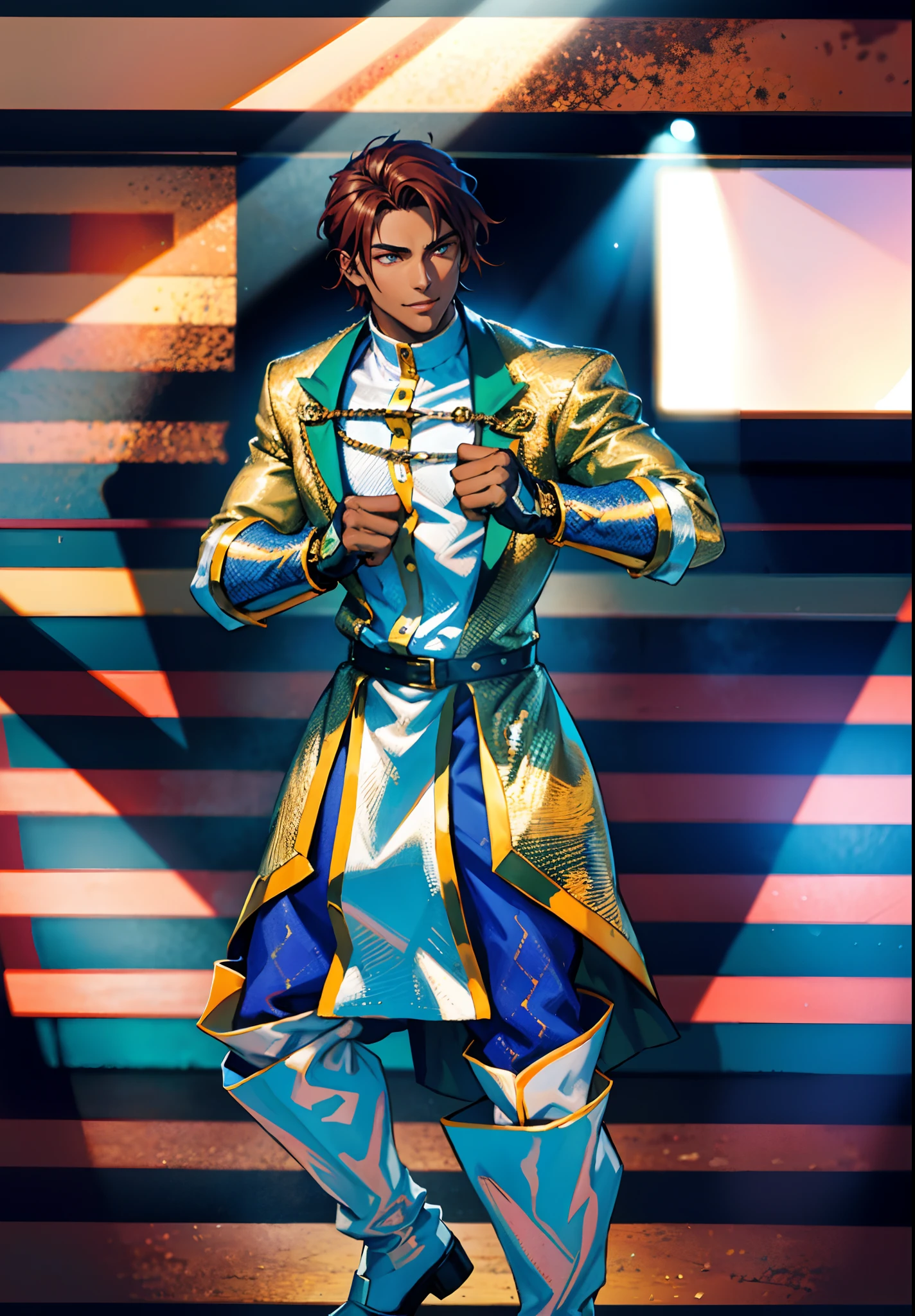 A young man, auburn hair, a center-parted back hairstyle, dark skin, narrow eyes, a cunning smile, a two-piece fantasy-reality style outfit, a white undershirt, a dark formal-style coat, wearing gloves, matching trousers with the outfit, has metallic-adorned knee-high boots, striking a boxing pose, against a background of horizon, this character embodies a finely crafted fantasy-reality style fighter in anime style, characterized by an exquisite and mature manga illustration art style, high definition, best quality, highres, ultra-detailed, ultra-fine painting, extremely delicate, professional, anatomically correct, symmetrical face, extremely detailed eyes and face, high quality eyes, creativity, RAW photo, UHD, 8k, Natural light, cinematic lighting, masterpiece-anatomy-perfect, masterpiece:1.5