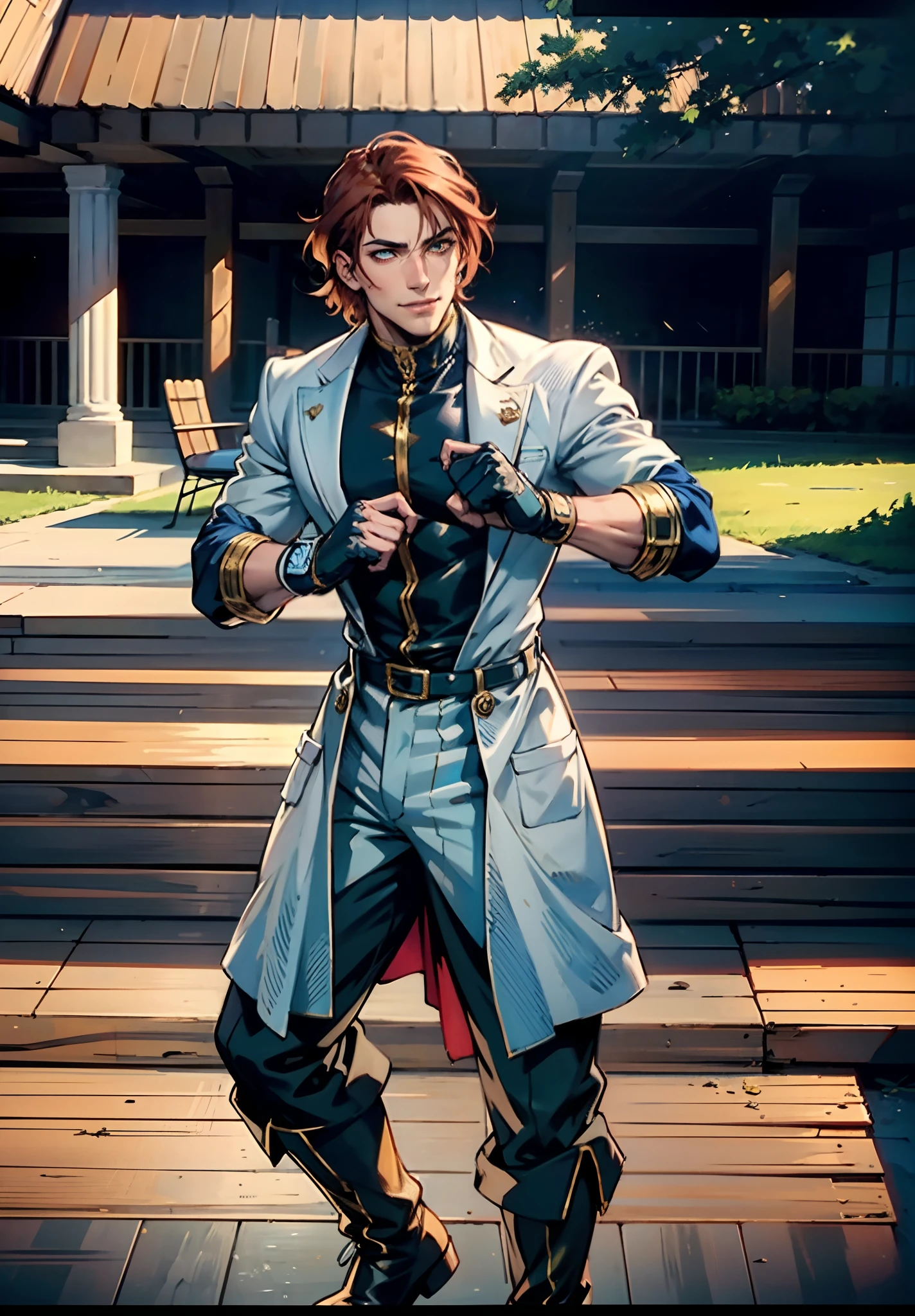 A young man, auburn hair, a center-parted back hairstyle, dark skin, narrow eyes, a cunning smile, a two-piece fantasy-reality style outfit, a white undershirt, a dark formal-style coat, wearing gloves, matching trousers with the outfit, has metallic-adorned knee-high boots, striking a boxing pose, against a background of horizon, this character embodies a finely crafted fantasy-reality style fighter in anime style, characterized by an exquisite and mature manga illustration art style, high definition, best quality, highres, ultra-detailed, ultra-fine painting, extremely delicate, professional, anatomically correct, symmetrical face, extremely detailed eyes and face, high quality eyes, creativity, RAW photo, UHD, 8k, Natural light, cinematic lighting, masterpiece-anatomy-perfect, masterpiece:1.5