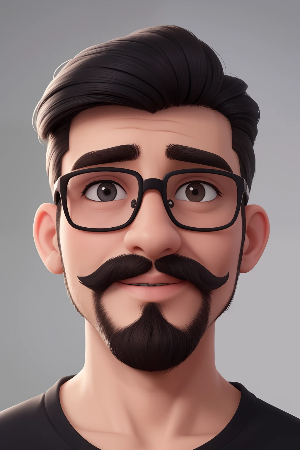 Um homem de 30 anos, com cabelos castanhos curtos, bigode curto,face de diamante, olhar rigoroso, e olhos castanhos, Wearing black shirt and glasses.