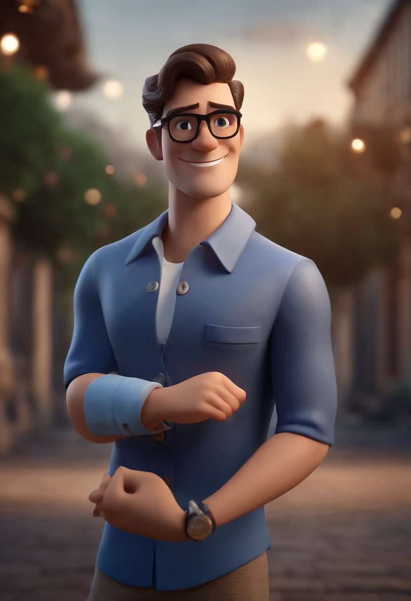 Cartoon character of a man wearing black glasses and a blue shirt, um personagem animado, Caractere estilizado, animation style rendering, 3D estilizado, Arnold Maya render, 3 d render stylized, toon render keyshot, Personagem 3D, Personagem 3D, 3d rendering stylized, 3 d character render, personagem de desenho animado, Personagem de close up, Pose de personagem, (Estilo Pixar) (master part:1.2) (Bokeh) (best quality) (pele detalhada) (textura detalhada) (8k) (argila) (Cinematic lighting) (foco nítido,Senta e vaza a parte superior do corpo