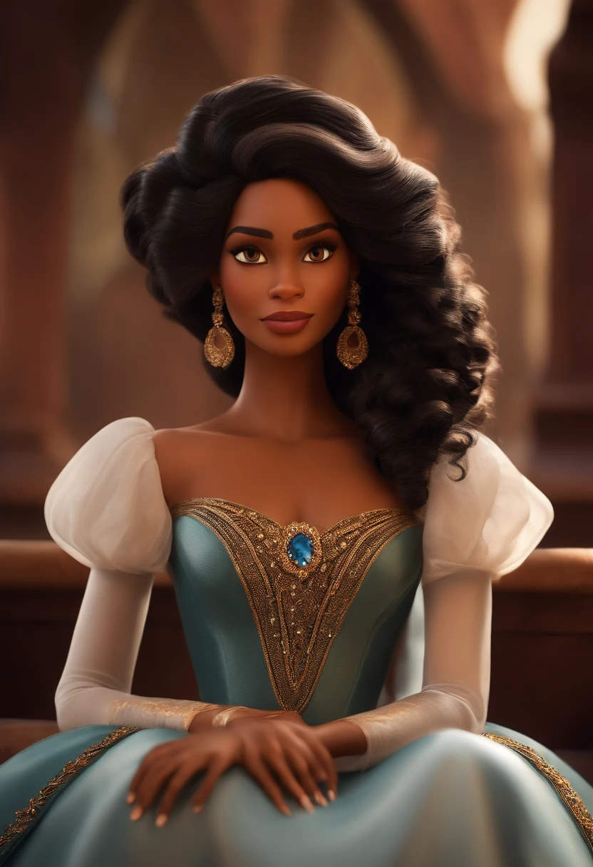 Jovem mulher, personagem Disney pixar, cabelo castanho escuro longo soltos ondulado, olhos castanhos, pele parda, vestido preto, nariz achatadinho, vestido preto