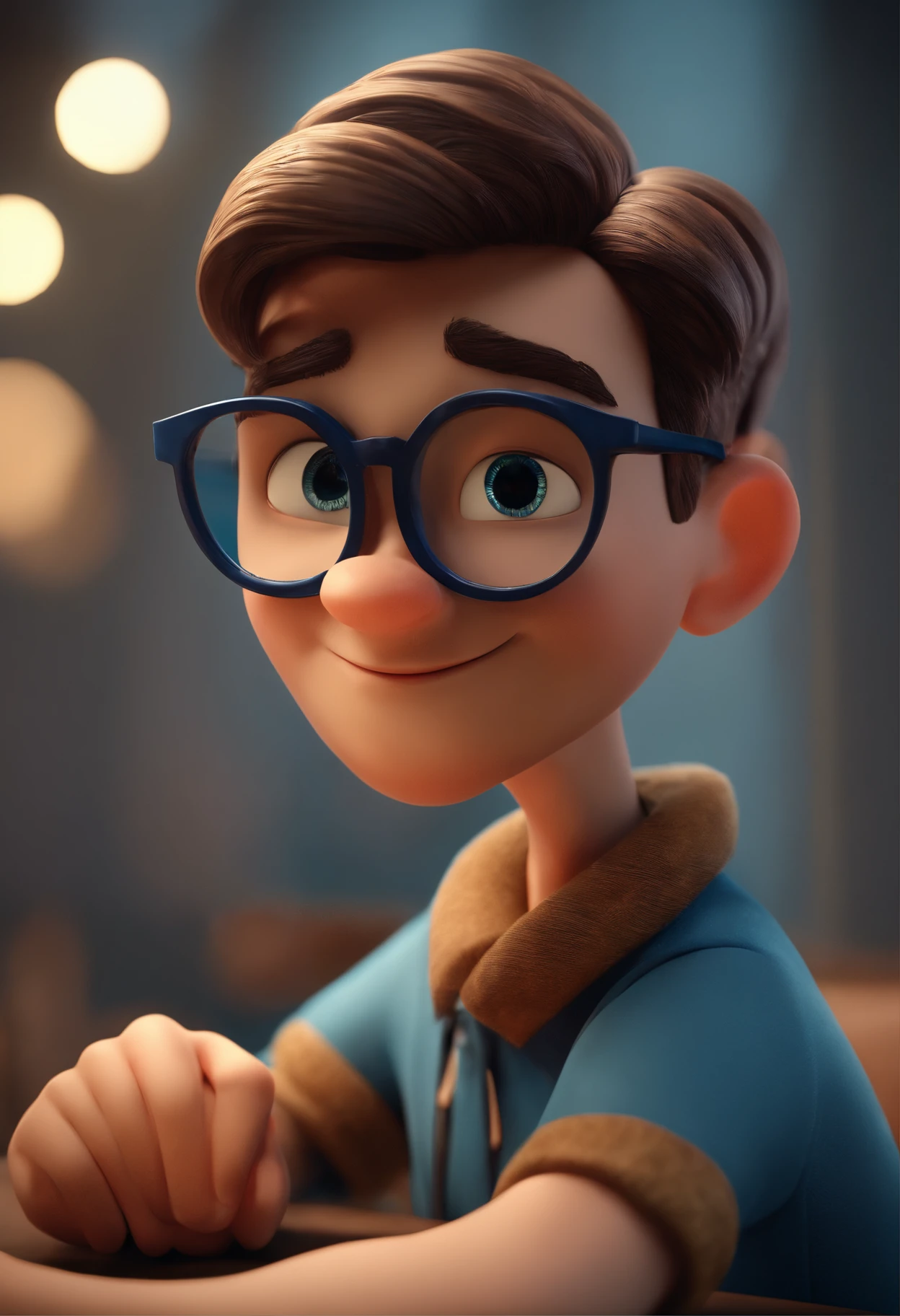 Cartoon character of a man with black glasses and a blue shirt, olhos verdes, animation character, Caractere estilizado, animation style rendering, 3D estilizado, Arnold Maya render, 3 d render stylized, toon render keyshot, Personagem 3D, Personagem 3D, 3d rendering stylized, 3 d character render, personagem de desenho animado, Personagem de close up, Pose de personagem, (Estilo Pixar) (master part:1.2) (Bokeh) (best quality) (pele detalhada) (textura detalhada) (8k) (argila) (Cinematic lighting) (foco nítido