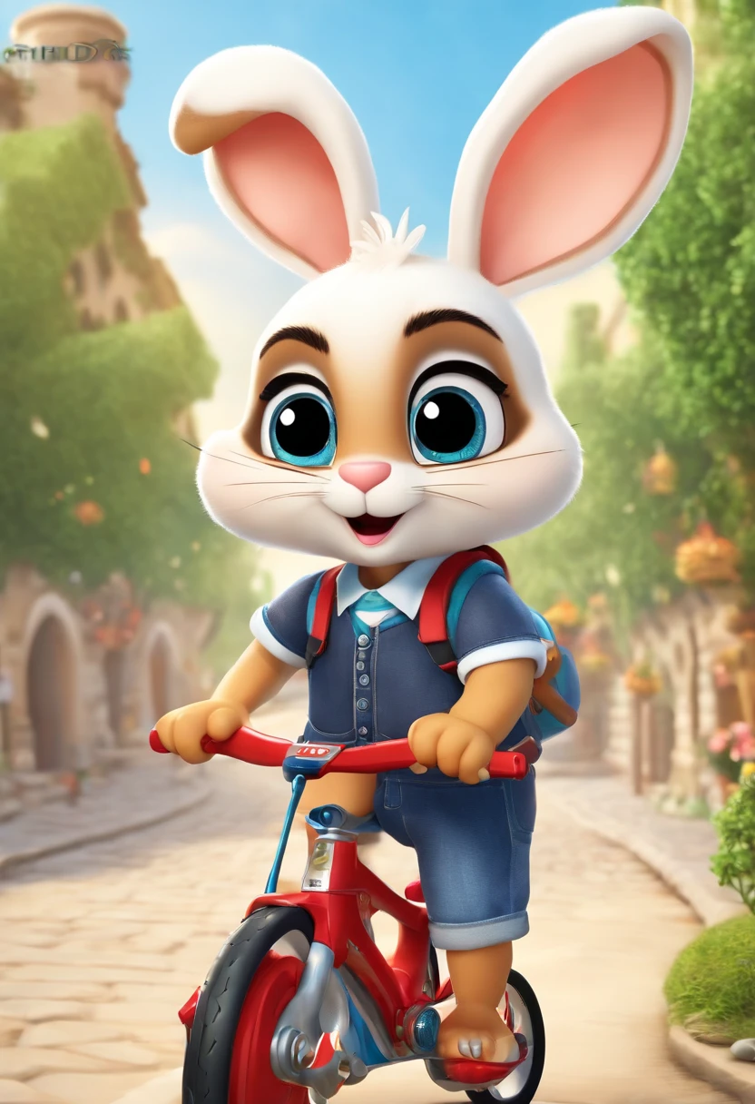 (((Cartoon Character 1.3))),(((Carrying a tortoise、A super cute bunny riding on a bike))),(A rabbit carrying a tortoise rides on a bicycle)),Wears a spotted vest on the top,Denim shorts on the bottom,Naughty expression,HD Real,Black eyes,Flying figure,HD picture,Sony SLR lens,Shoot at medium distance,Soft lighting,tmasterpiece