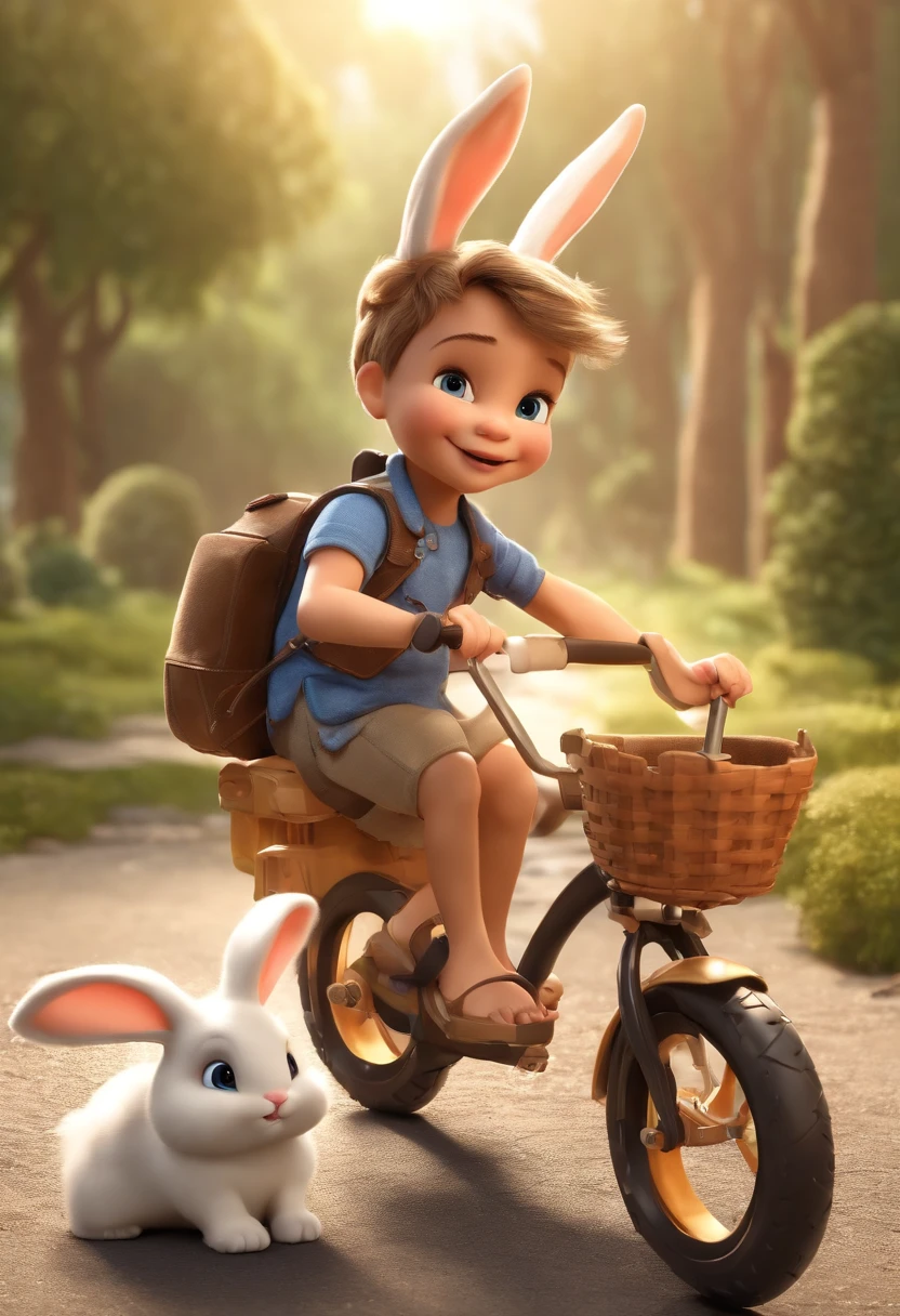 (((Cartoon Character 1.3)))，(((Carrying a tortoise、A super cute bunny riding on a bike)))，(A rabbit carrying a tortoise rides on a bicycle))，Wears a spotted vest on the top，Denim shorts on the bottom，Naughty expression，HD Real，Black eyes，Flying figure，HD picture，Sony SLR lens，Shoot at medium distance，Soft lighting，tmasterpiece