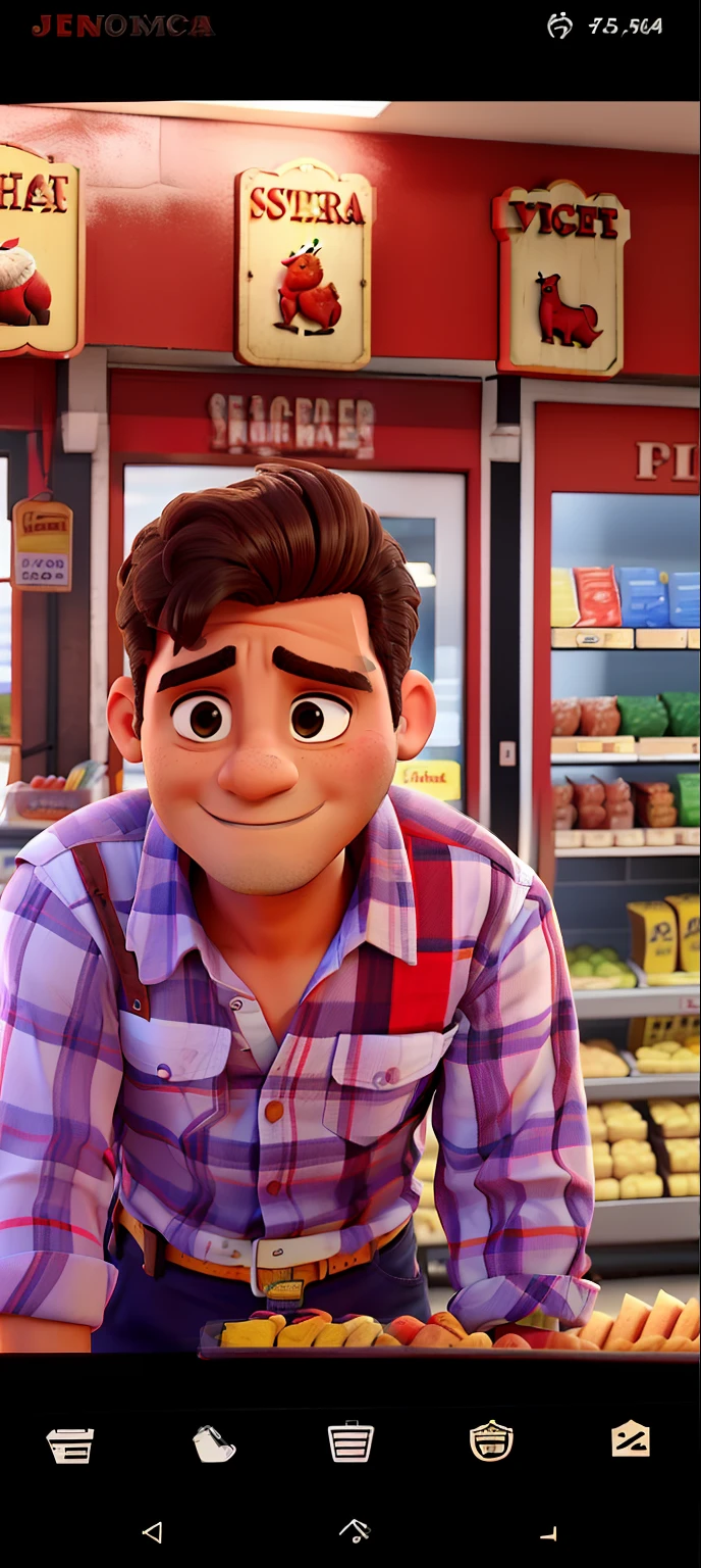 A man standing in front of the butcher shop sector of the supermarket, vestindo uma camisa amarela escrita em letras pretas maiusculas MIGUELITO