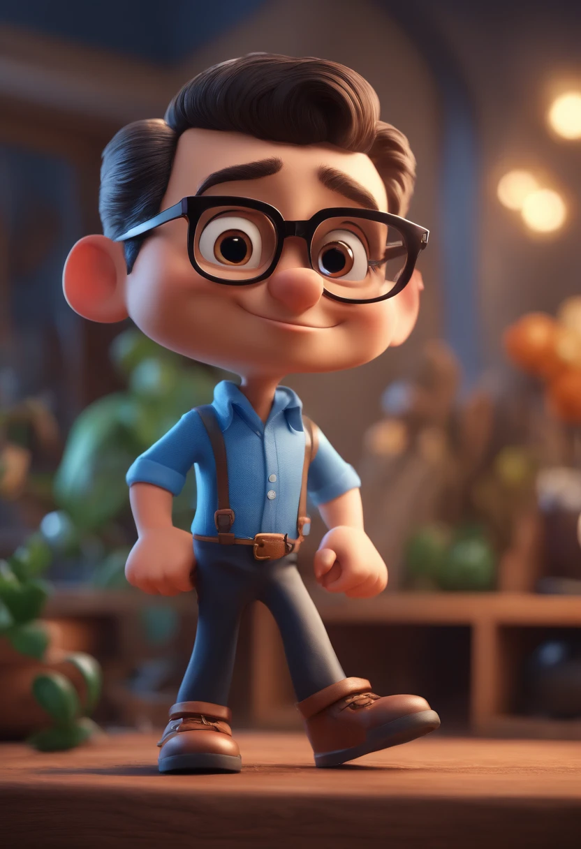 Cartoon character of a man with black glasses and a blue shirt, animation character, Caractere estilizado, animation style rendering, 3D estilizado, Arnold Maya render, 3 d render stylized, toon render keyshot, Personagem 3D, Personagem 3D, 3d rendering stylized, 3 d character render, personagem de desenho animado, Personagem de close up, Pose de personagem,  (Estilo Pixar) (master part:1.2) (Bokeh) (best quality) (pele detalhada) (textura detalhada) (8k) (argila) (Cinematic lighting) (foco nítido