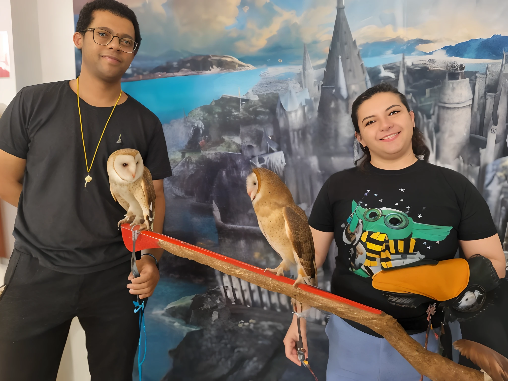 They stand in front of a painting of a city with a bird on a stick, with magical creatures, with a giant robot owl, varinhas de segurar, In the Gryffindor common room, holding the elder wand, em hogwarts, assistente coruja, vestindo hogwarts!!! Vestidos!!!, with great birds, segurando uma varinha, wearing barn owl mask