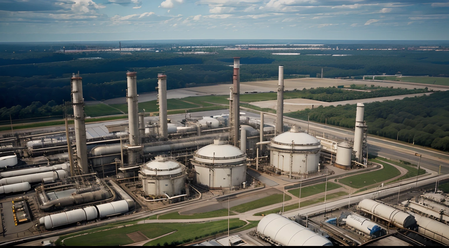"Generate a detailed description or visual representation of an oil refinery's infrastructure. Include information about the various components such as distillation towers, storage tanks, pipelines, pumps, cooling systems, and any safety features. Provide details about the layout, size, and functionality of the refinery, as well as its role in the oil refining process. Please describe both the external and internal elements of the refinery to give a comprehensive overview of its infrastructure."