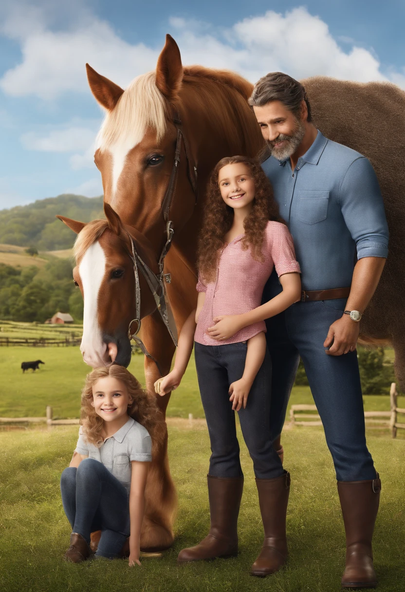 a Disney Pixar movie poster showing a white-skinned family. The father is the tallest, Tem barba curta, moreno , cabelos curtos. The mother has brown eyes and hair, cabelos compridos de oculos arredondados . A menina tem 11 anos e cabelos castanhos, roupa rosa e rabos de cavalo. Um menino de 14 anos um.pouco menor que o pai, usa oculos preto arredondado, magro cabelos pretos pele Branca, uma menina de 17 anos baixa pele branca olhos verdes cabelo no ombro. The background is a farm with a caramel horse and two black dogs and a medium-sized caramel dog. 3D-rendering