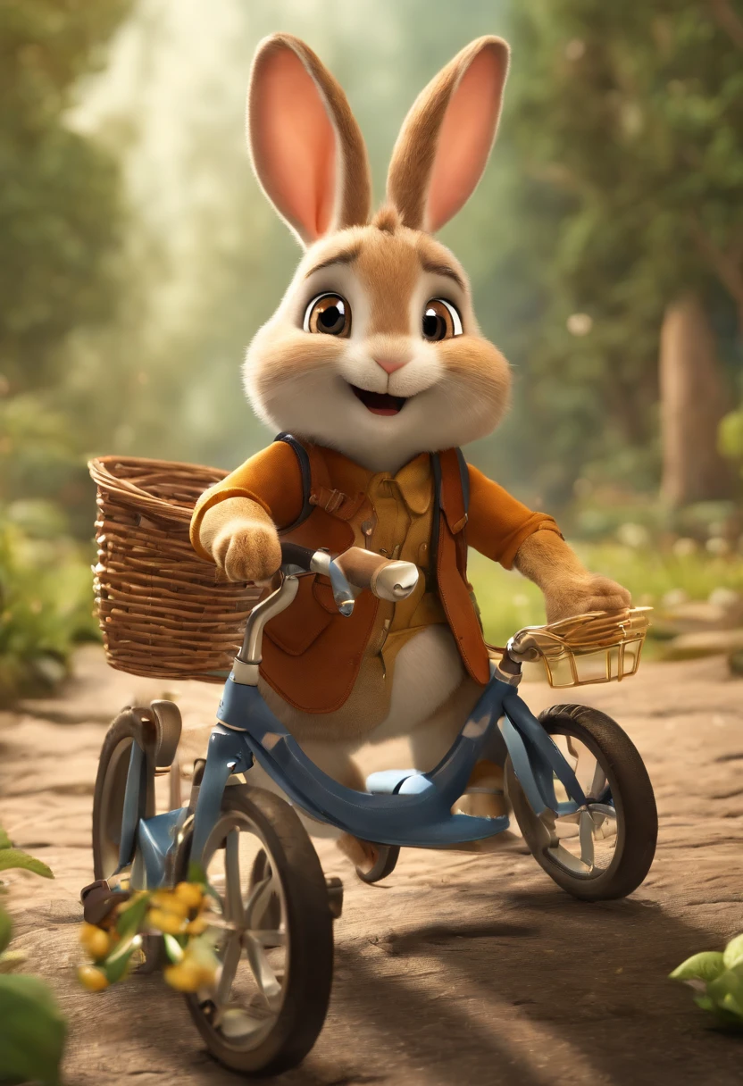 (((Cartoon Character 1.3))),(((A super cute rabbit pushing a bicycle))),((There was a turtle on the cart)),The rabbit wears a speckled vest,Denim shorts on the bottom,Naughty expression,HD Real,Black eyes,Flying figure,HD picture,Sony SLR lens,Shoot at medium distance,Soft lighting,tmasterpiece