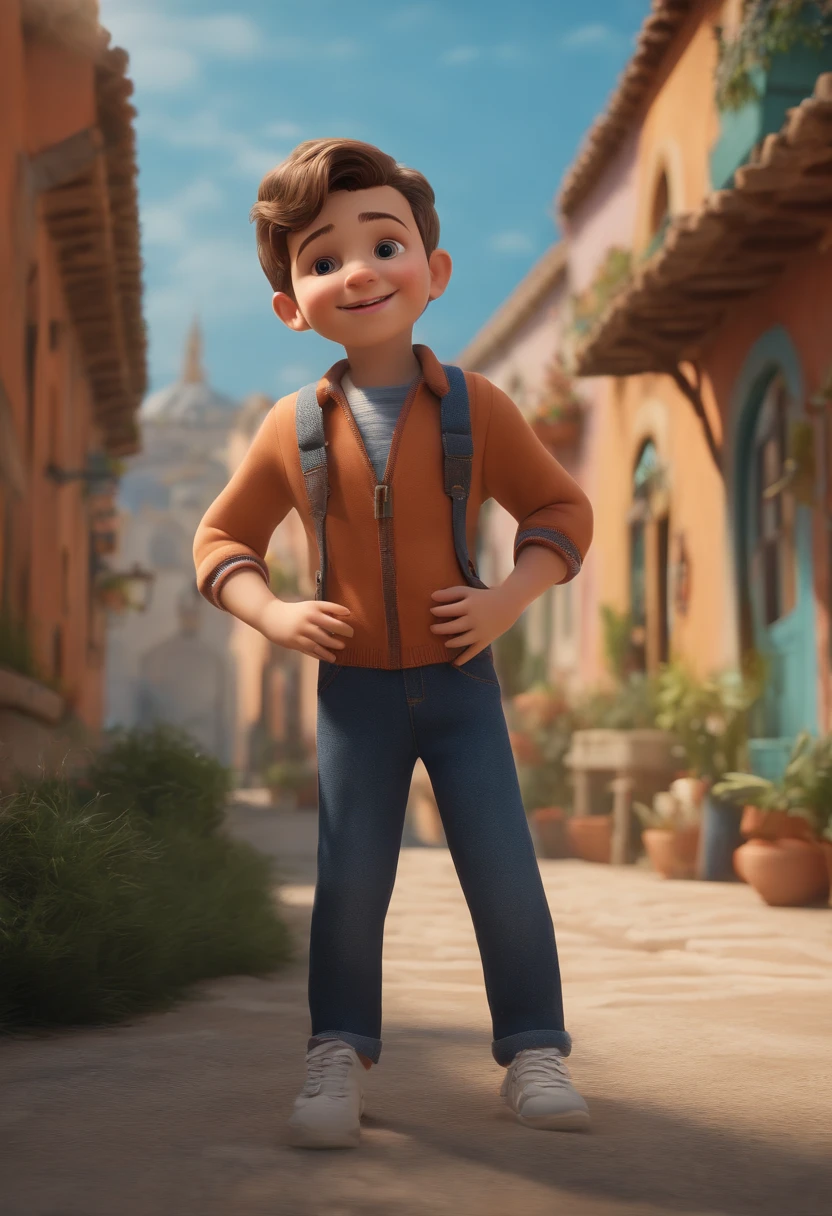 (best quality,4k,8k,Altas,master part:1.2), ultra-detalhado, (Realistic,fotorrealista,photo-realistic:1.37), Happy cute boy standing, short hair, vestindo uma roupa azul, fundo branco, barnet, Tom, Estilo Pixar, ..3d, Desenhos animados, Rosto detalhado, asymmetrical 16k, expression joyful, cores vibrantes, soft lighting