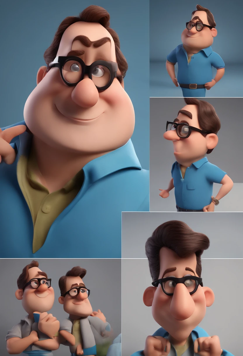 Cartoon character of a man with black glasses and a blue shirt, animation character, Caractere estilizado, animation style rendering, 3D estilizado, Arnold Maya render, 3 d render stylized, toon render keyshot, Personagem 3D, Personagem 3D, 3d rendering stylized, 3 d character render, personagem de desenho animado, Personagem de close up, Pose de personagem, (Estilo Pixar) (master part:1.2) (Bokeh) (best quality) (pele detalhada) (textura detalhada) (8k) (argila) (Cinematic lighting) (foco nítido