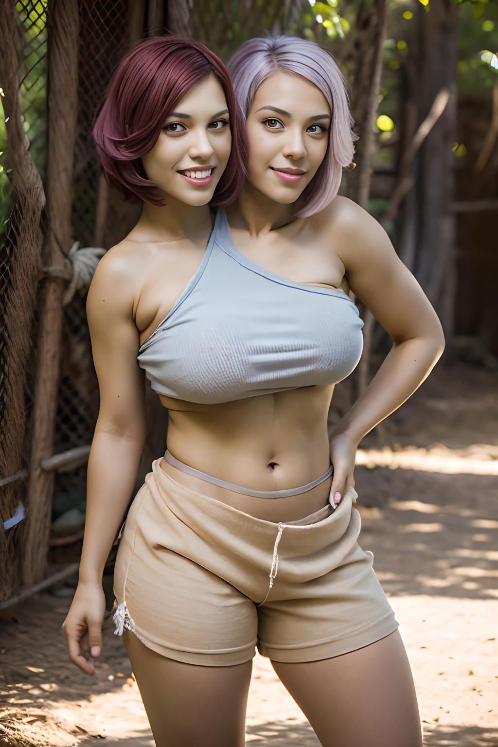 ((2heads)),1man, adult,masterpiece, best quality, tsharuna, very pearly white skin, tan skin, long blue hair, short red hair, long pink hair, torn burlap crop top, tight burlap micro shorts,sarong, torn clothes, bare shoulders, large breasts, full body, no body hair, big bulge, nobfacial hair, primitive village, forest, looking at viewer, smile,wide torso, thick thighs,  big hips,(big bulge):1.3,full body, running pose