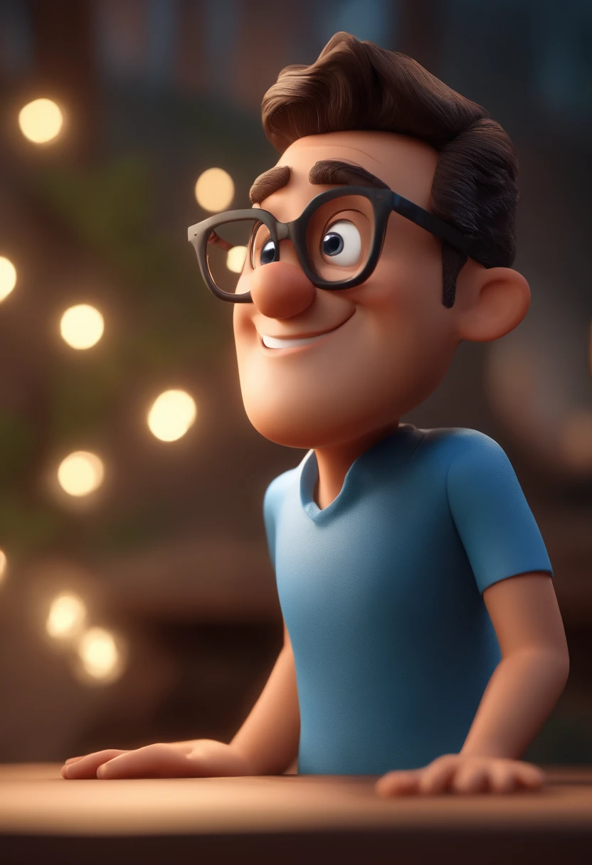 Cartoon character of a man with black glasses and a blue shirt, animation character, Caractere estilizado, animation style rendering, 3D estilizado, Arnold Maya render, 3 d render stylized, toon render keyshot, Personagem 3D, Personagem 3D, 3d rendering stylized, 3 d character render, personagem de desenho animado, Personagem de close up, Pose de personagem,  (Estilo Pixar) (master part:1.2) (Bokeh) (best quality) (pele detalhada) (textura detalhada) (8k) (argila) (Cinematic lighting) (foco nítido