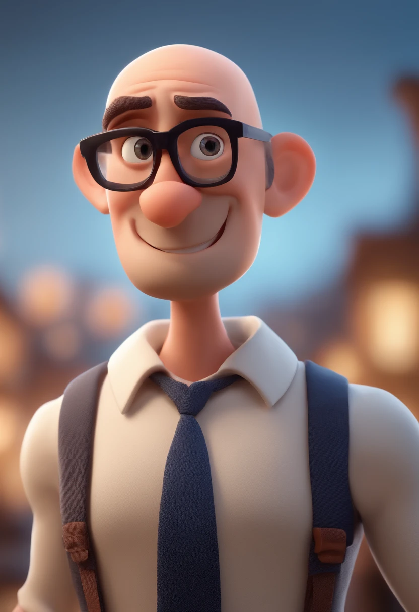 Cartoon character of a bald man with beard wearing glasses, um personagem animado, Caractere estilizado, animation style rendering, 3D estilizado, Arnold Maya render, 3 d render stylized, toon render keyshot, Personagem 3D, Personagem 3D, 3d rendering stylized, 3 d character render, personagem de desenho animado, Personagem de close up, Pose de personagem, (Estilo Pixar) (master part:1.2) (Bokeh) (best quality) (pele detalhada) (textura detalhada) (8k) (argila) (Cinematic lighting) (foco nítido,Senta e vaza a parte superior do corpo