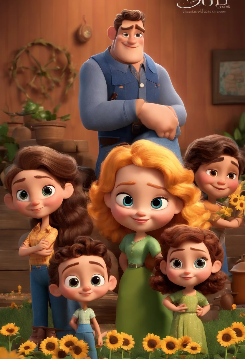 Create a Disney PIXAR-style 3D poster. ((centro da imagem, um casal, homem careca com barba no rosto, olhos verdes e sorriso no rosto, a mulher tem cabelo longo preto com rosto tipo mulher grega, olhos castanhos e linda)), ((3 )) ((2 meninos no meio e 1 menina ao lado, They're hugging each other, O menino tem pele castanha e cabelos castanhos escuros com e olhos castanhos escuros com 8 anos de idade, 1 menina tem pele clara, olhos e cabelos escuros e cacheados com 12 anos de idade, e o outro menino tem pele morena, olhos escuros e cabelos escuros e lisos com 4 anos de iade)) ((tudo isso no estilo Disney PIXAR 3D, In the background, A house of sunflowers, Gloria Studio, The garden is full of nature 3D render RTX clay material, estilo de design cartunesco, POP Mart, soft lighting, linhas suaves, Spring tilt, Detailed illustrations of PIXAR 3D, Detalhes hiper-realistas, cor quente no estilo Disney PIXAR 3D))