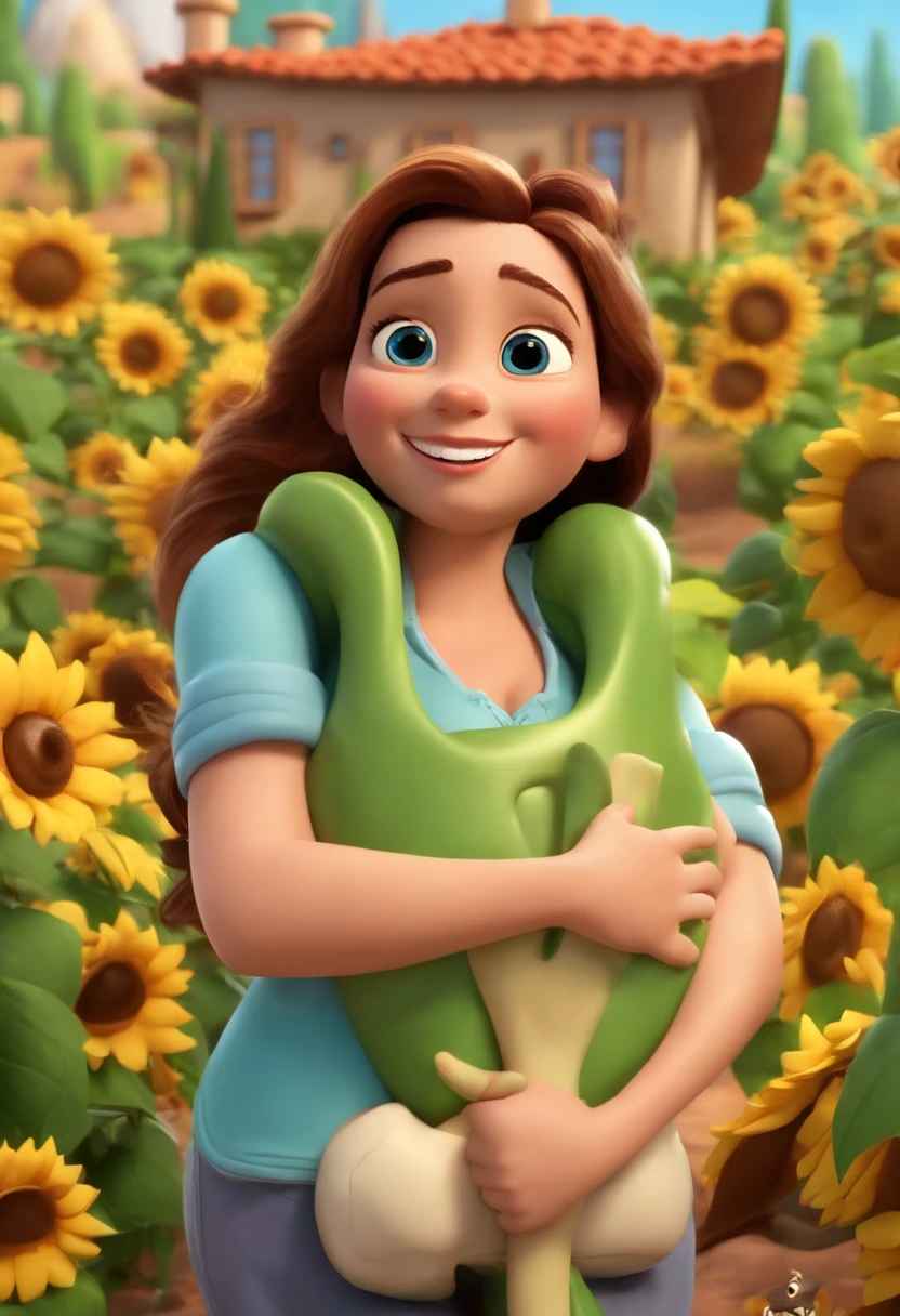 Create a Disney PIXAR-style 3D poster. ((centro da imagem, um casal, homem careca com barba no rosto, olhos verdes e sorriso no rosto, a mulher tem cabelo longo preto com rosto tipo mulher grega, olhos castanhos e linda)), ((3 )) ((2 meninos no meio e 1 menina ao lado, They're hugging each other, O menino tem pele castanha e cabelos castanhos escuros com e olhos castanhos escuros com 8 anos de idade, 1 menina tem pele clara, olhos e cabelos escuros e cacheados com 12 anos de idade, e o outro menino tem pele morena, olhos escuros e cabelos escuros e lisos com 4 anos de iade)) ((tudo isso no estilo Disney PIXAR 3D, In the background, A house of sunflowers, Gloria Studio, The garden is full of nature 3D render RTX clay material, estilo de design cartunesco, POP Mart, soft lighting, linhas suaves, Spring tilt, Detailed illustrations of PIXAR 3D, Detalhes hiper-realistas, cor quente no estilo Disney PIXAR 3D))