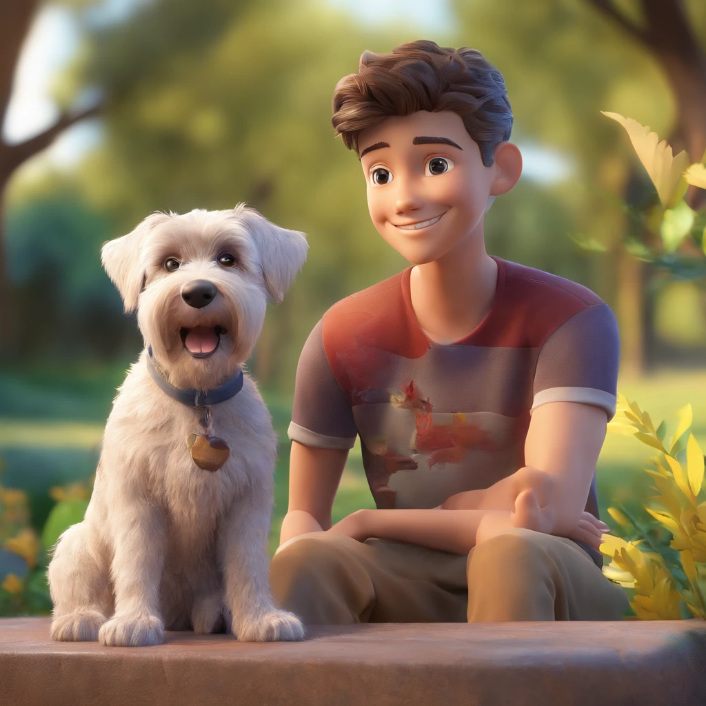 a Disney Pixar movie poster showing a blond white boy with bangs up and beard, with a white German spitz dog, bem peludo e fofinho. Focus on the expression of looks and skin texture, pelos e cabelos. The background is a beach garden. 3D-rendering