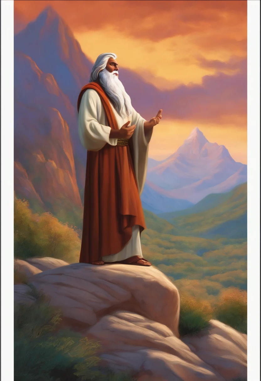 Prophet Elijah from the bible in disney pixar style, Standing in front of a mountain. segurando um cajado