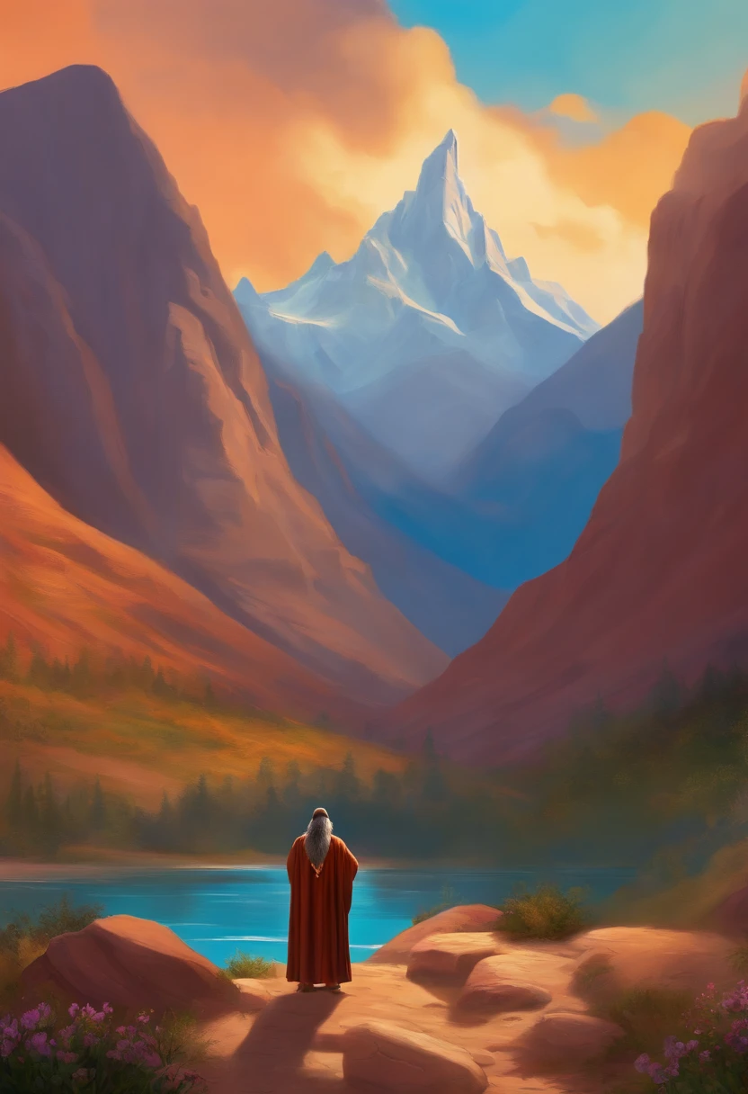 Prophet Elijah from the bible in disney pixar style, Standing in front of a mountain. segurando um cajado