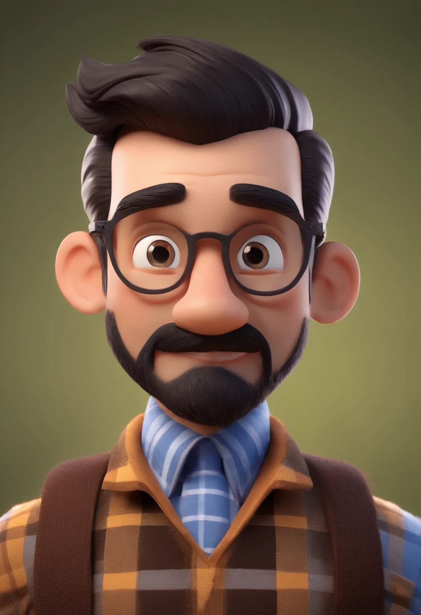Cartoon character of a man with black beard and hair and a blue plaid shirt animation character, Caractere estilizado, animation style rendering, 3D estilizado, Arnold Maya render, 3 d render stylized, toon render keyshot, Personagem 3D, Personagem 3D, 3d rendering stylized, 3 d character render, personagem de desenho animado, Personagem de close up, Pose de personagem, (Estilo Pixar) (master part:1.2) (Bokeh) (best quality) (pele detalhada) (textura detalhada) (8k) (argila) (Cinematic lighting) (foco nítido