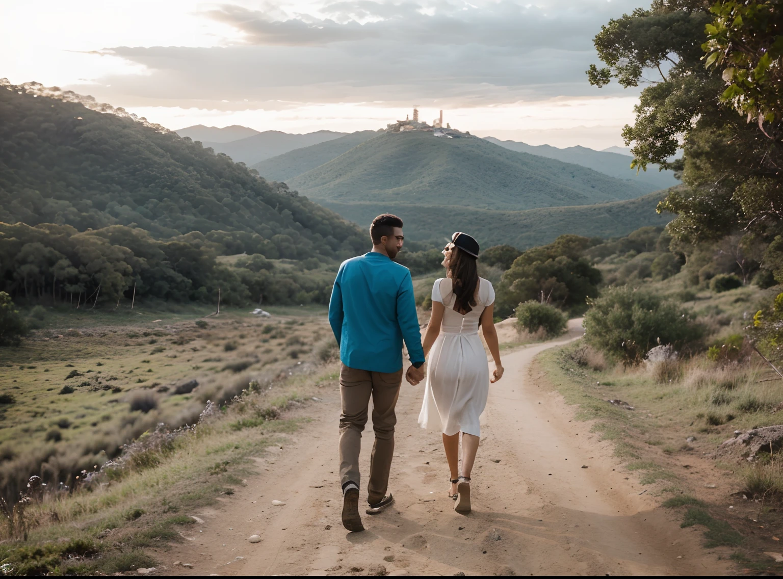 Casal moderno aventureiro com fundo paisagem de montanhas e lhamas