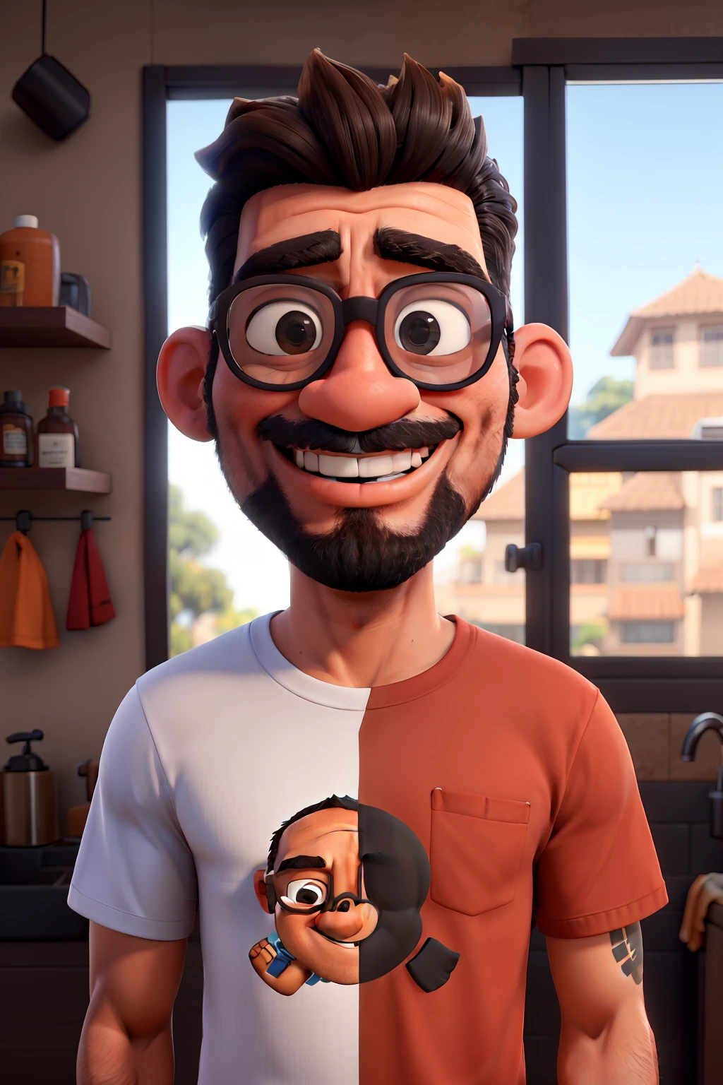 Homem negro, 41 anos, cabelos raspados, Round Eyewear, barba grisalha usando camisa laranja e t-shirt preta, sorrindo e apontando para o lado com o dedo indicador.