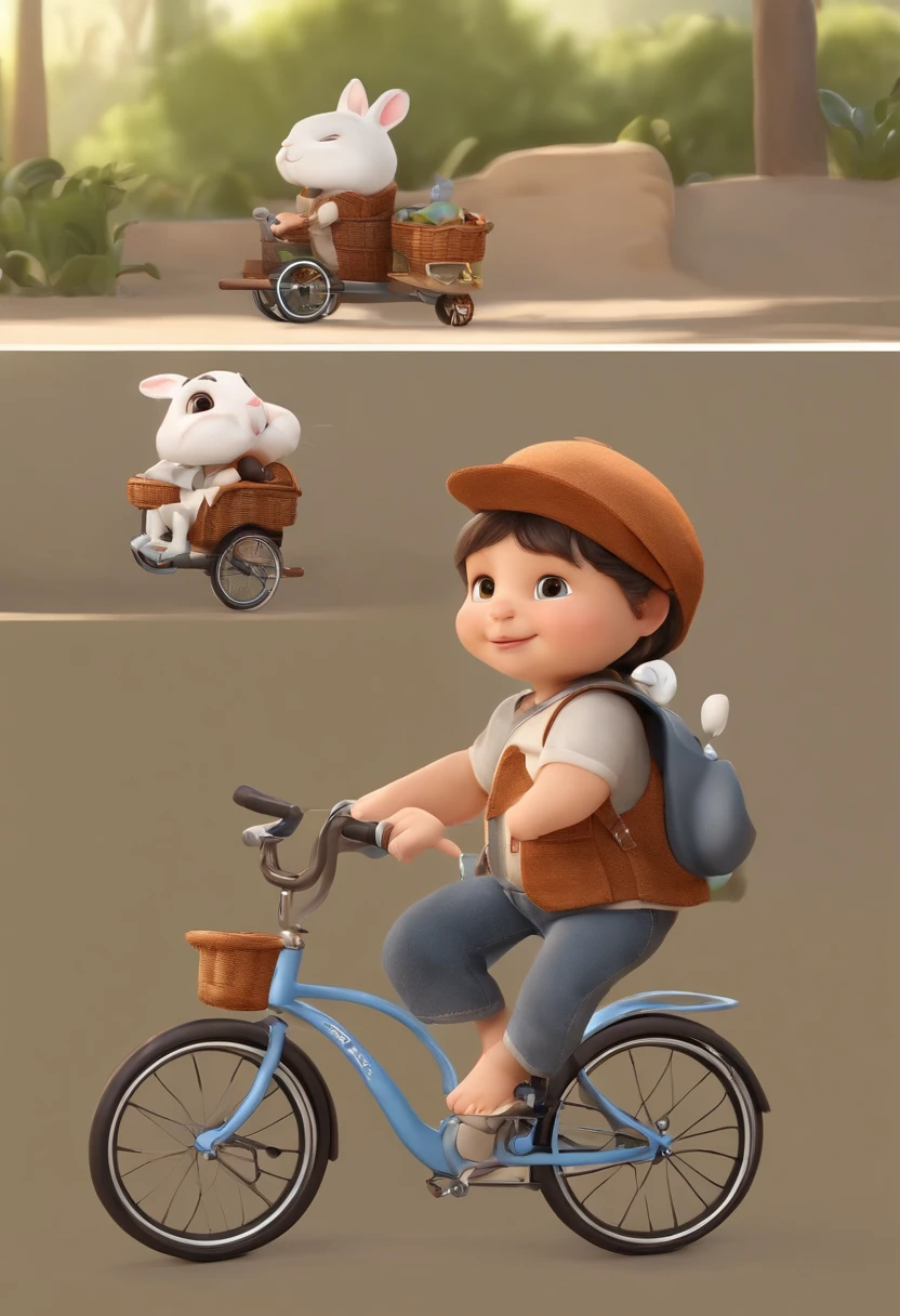 (((Cartoon Character 1.3))),((There was a turtle on the cart:1.3)),(((A super cute rabbit pushing a bicycle))),The rabbit wears a speckled vest,Denim shorts on the bottom,Naughty expression,HD Real,Black eyes,Flying figure,HD picture,Sony SLR lens,Shoot at medium distance,Soft lighting,tmasterpiece