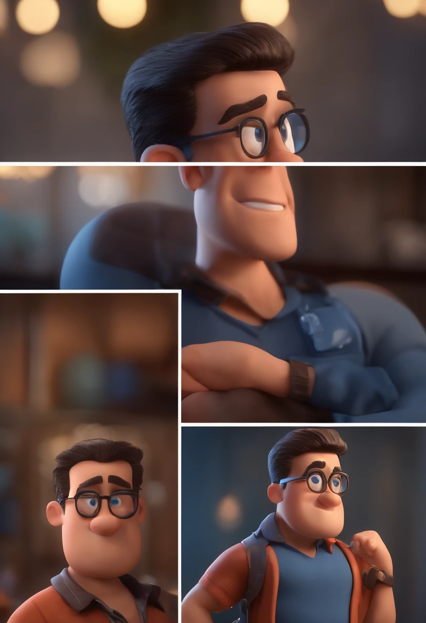 Cartoon character of a man with black glasses and a blue shirt, animation character, Caractere estilizado, animation style rendering, 3D estilizado, Arnold Maya render, 3 d render stylized, toon render keyshot, Personagem 3D, Personagem 3D, 3d rendering stylized, 3 d character render, personagem de desenho animado, Personagem de close up, Pose de personagem, (Estilo Pixar) (master part:1.2) (Bokeh) (best quality) (pele detalhada) (textura detalhada) (8k) (argila) (Cinematic lighting) (foco nítido