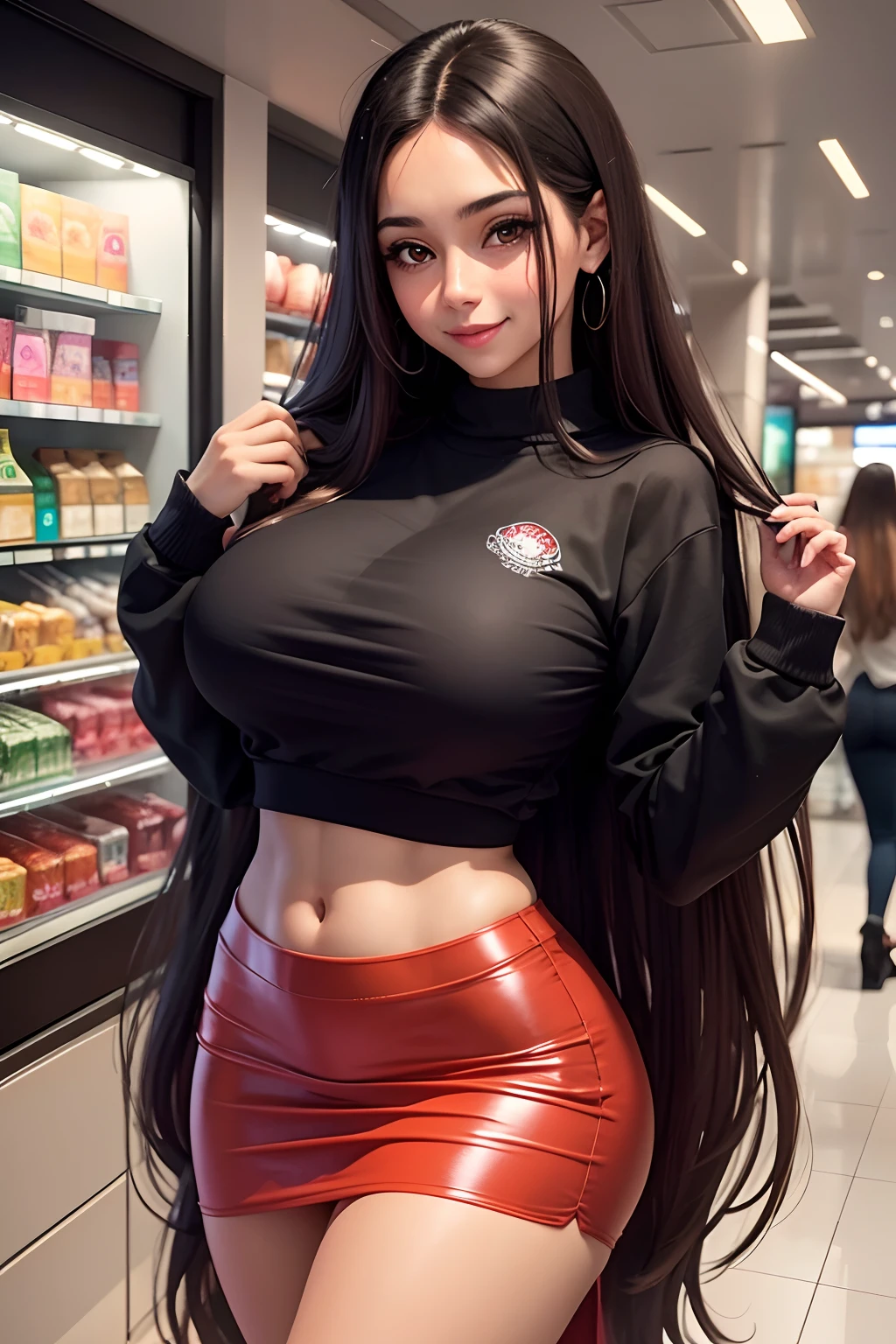 Mexican is 30 years old, eyes aligned, smiling, very long straight hair, She will be wearing a tight skirt, She will be wearing a sweatshirt, thin waist, huge breasts, big hips, She will be with her back to the viewer, She will be in a shopping center