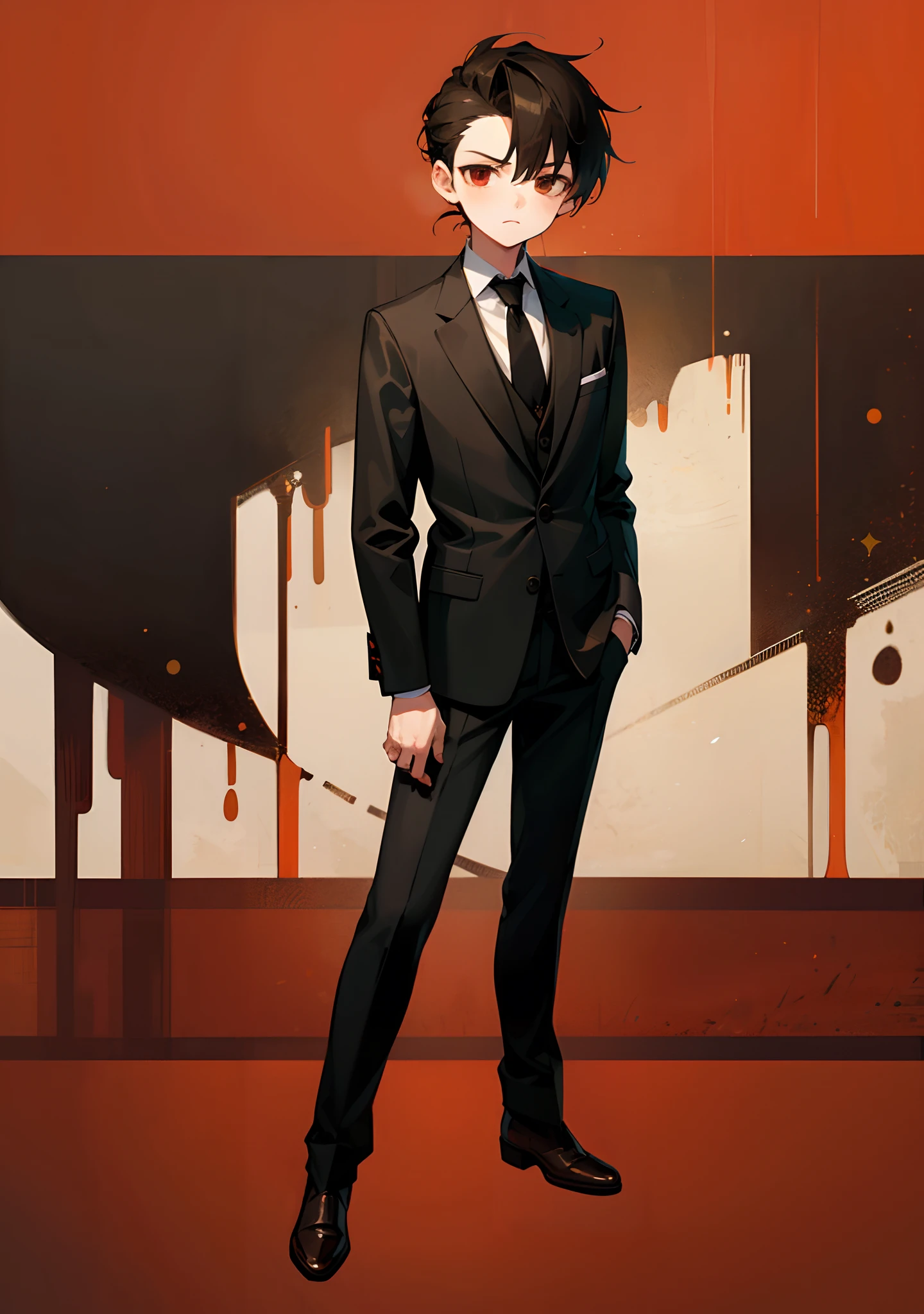 (highest quality:1.5), masterpiece, full body, Photographic image, front facing body, looking at viewer, portrait image, 1boy, shota, male, character is a boy, brown eyes, slick back black hair, red boots, black formal suit and tie, red eyes, frown