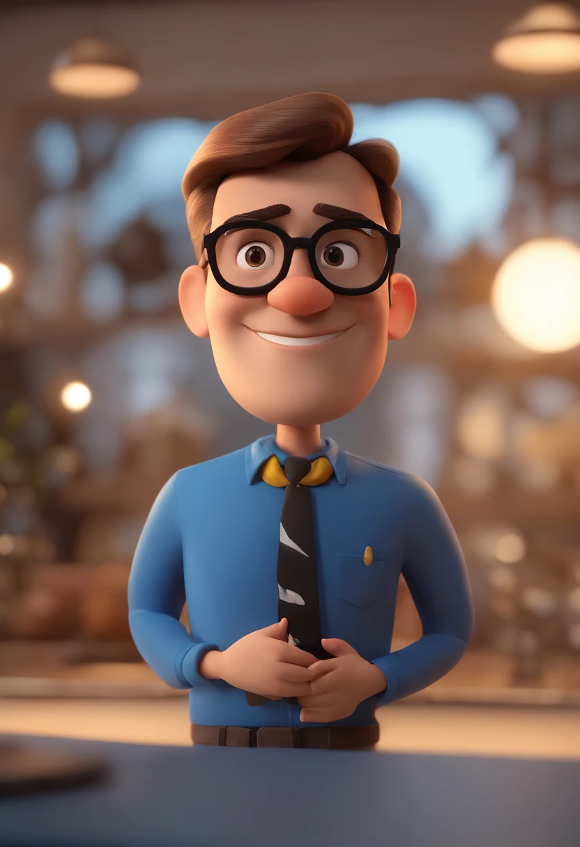 Cartoon character of a man wearing black glasses and a blue shirt, um personagem animado, Caractere estilizado, animation style rendering, 3D estilizado, Arnold Maya render, 3 d render stylized, toon render keyshot, Personagem 3D, Personagem 3D, 3d rendering stylized, 3 d character render, personagem de desenho animado, Personagem de close up, Pose de personagem, (Estilo Pixar) (master part:1.2) (Bokeh) (best quality) (pele detalhada) (textura detalhada) (8k) (argila) (Cinematic lighting) (foco nítido,Senta e vaza a parte superior do corpo