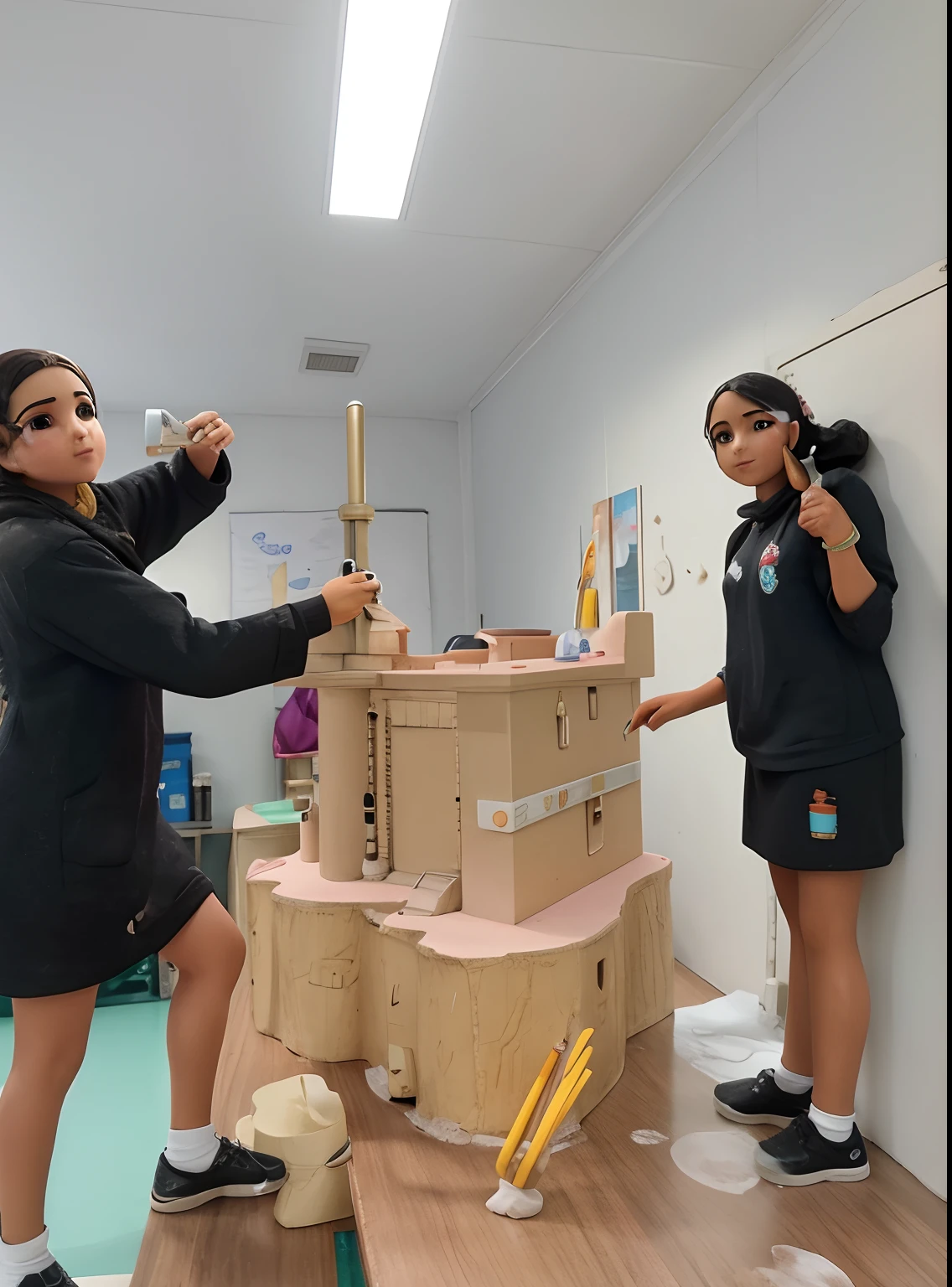 Duas meninas pintando uma maquete